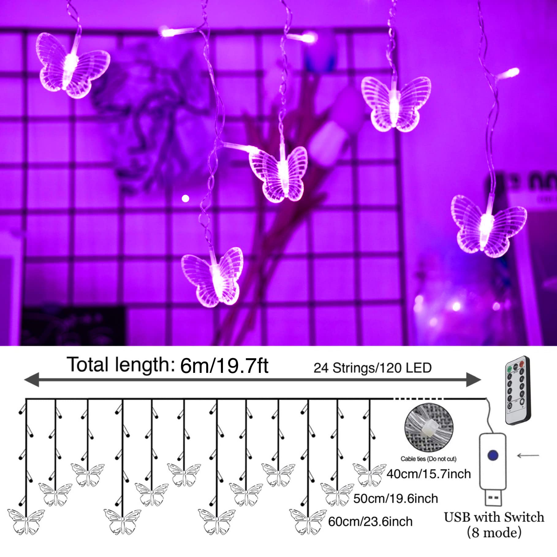 120 LED Butterfly Curtain Lights - 19.7FT USB Powered Waterproof Fairy Lights with Remote & 8 Modes - 24 Butterflies Twinkle Lights for Bedroom, Christmas, Wedding, Party Decorations (Purple) - Perfect for Indoor & Outdoor Holiday Decor, Window Dressing, and Romantic Ambiance