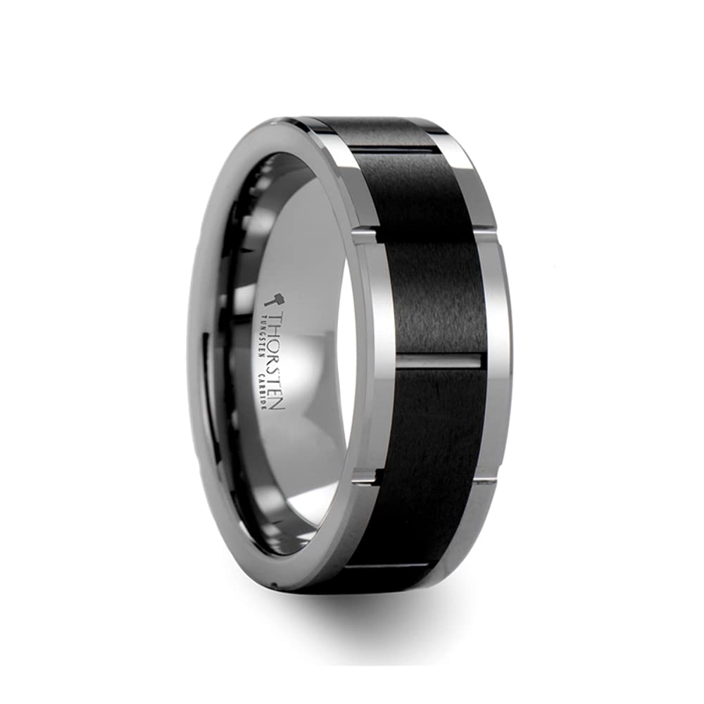 Roy Rose Men's Tungsten Carbide Black Ceramic Inlay Wedding Band Ring - 8mm Comfort Fit Watch Band Style (Konstantine) - Durable & Scratch Resistant for Everyday Wear, Anniversary Gifts & Special Occasions