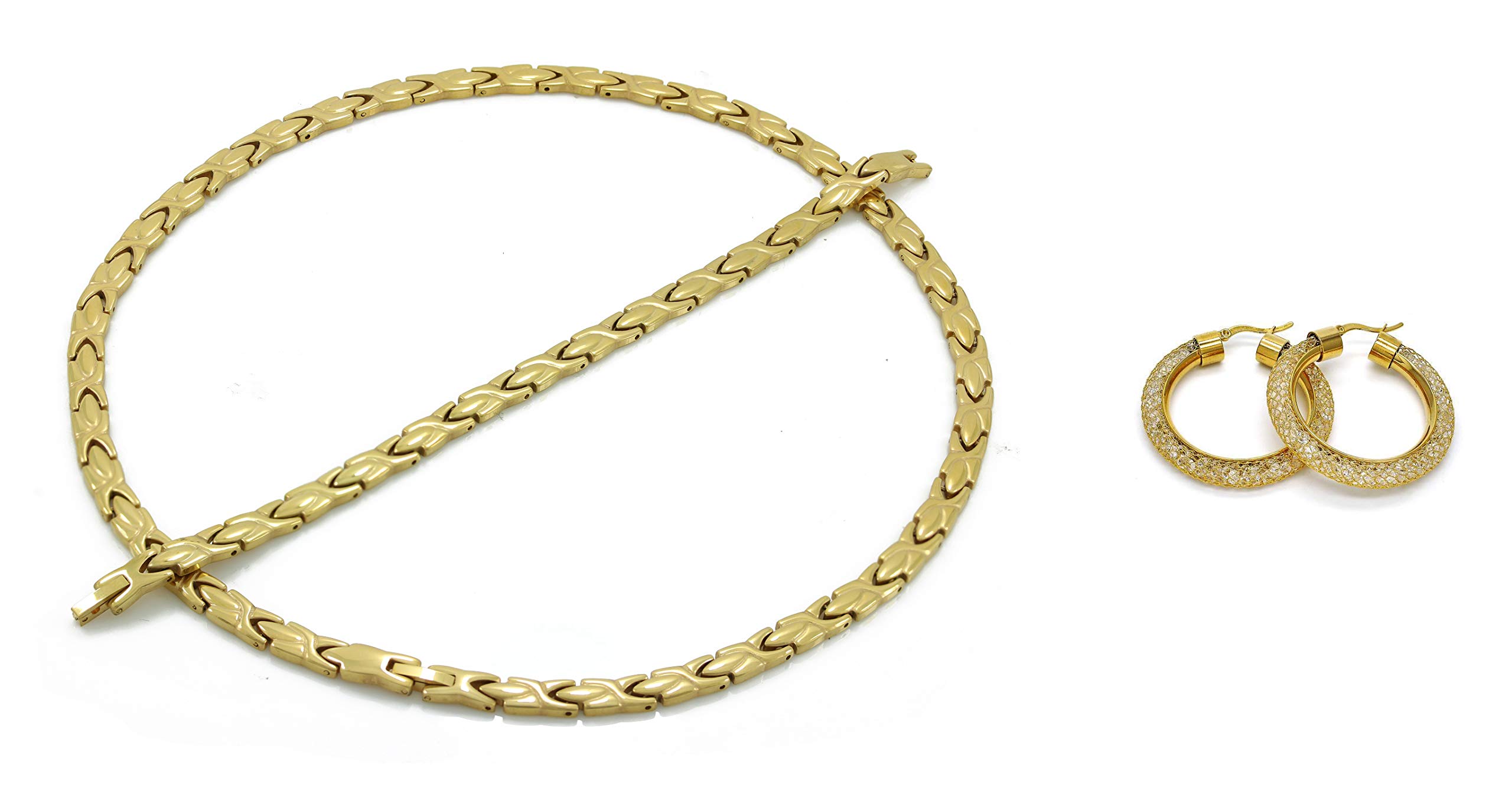14K Gold Plated Hugs & Kisses Jewelry Set for Women - Necklace, Bracelet & Iced Out Filigree Hoop Earrings | Valentine's Day Gift, Anniversary Present, Romantic Occasion Jewelry