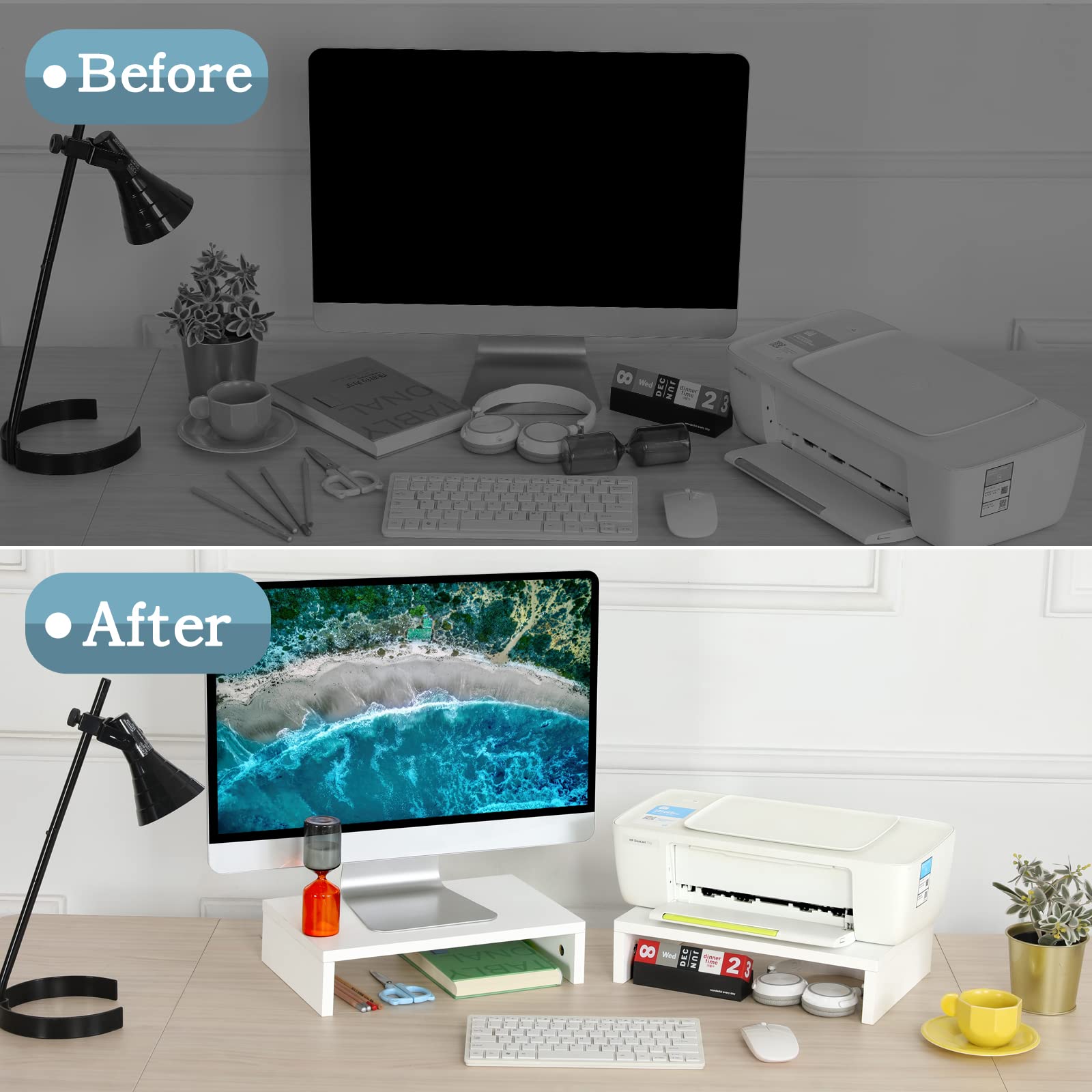 TEAMIX 2-Pack White Wooden Monitor Stand Riser - Adjustable 2-Tier Dual Monitor & Laptop Desk Organizer for Home & Office Workspace