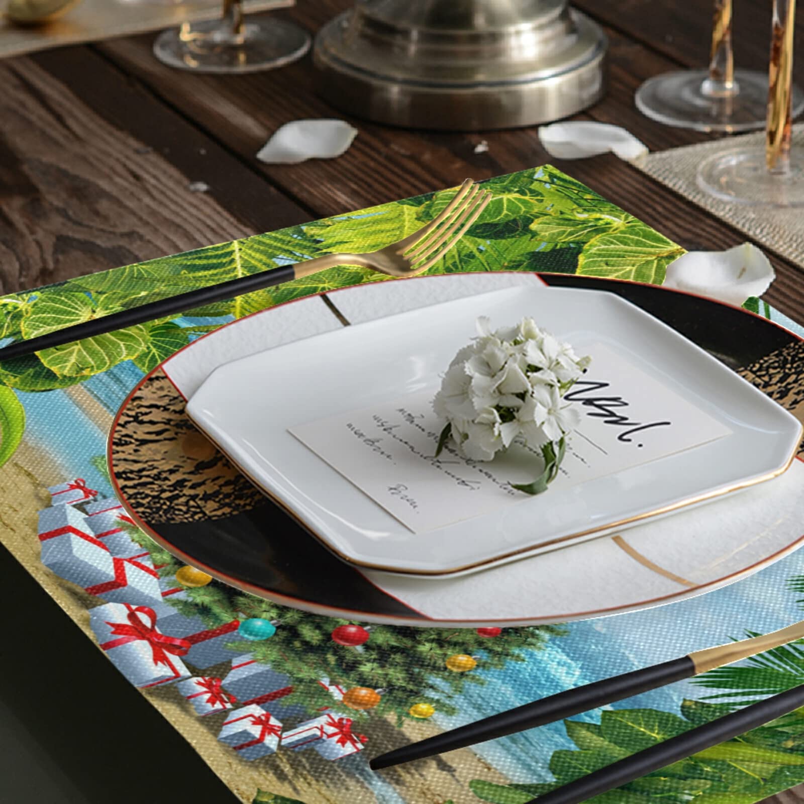 WIHVE 6-Pack Polyester Placemats - Tropical Palm Leaf & Christmas Tree Design Waterproof Table Mats for Dining, Kitchen, Beach Party, Holiday Decor, Indoor and Outdoor Use