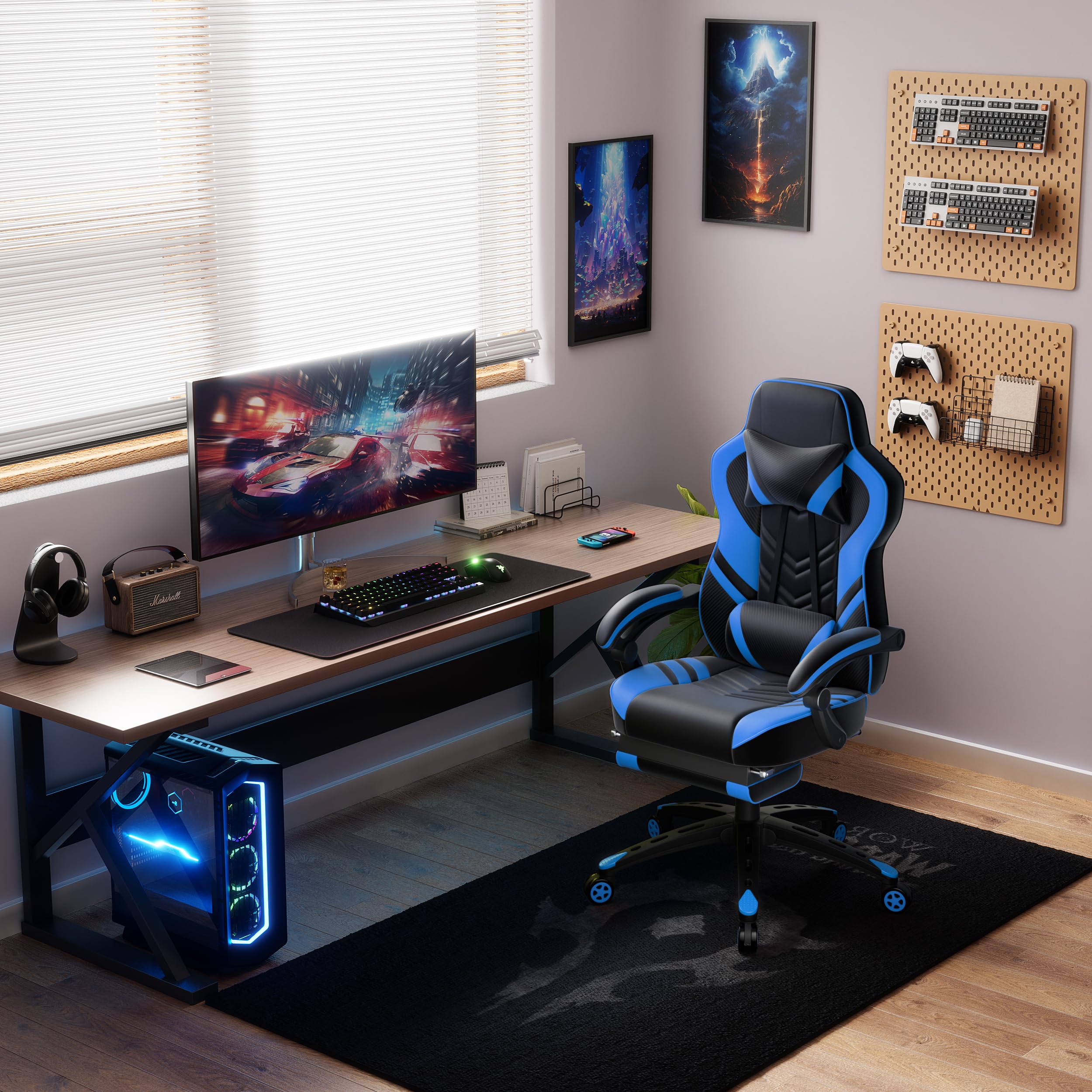 **POWERSTONE Ergonomic Gaming Chair with Footrest & Lumbar Support - Adjustable Racing Style PU Leather Computer Chair for Office & Home Gaming - Blue**    *(Perfect for Esports, Streaming, Work from Home & Long Gaming Sessions)*
