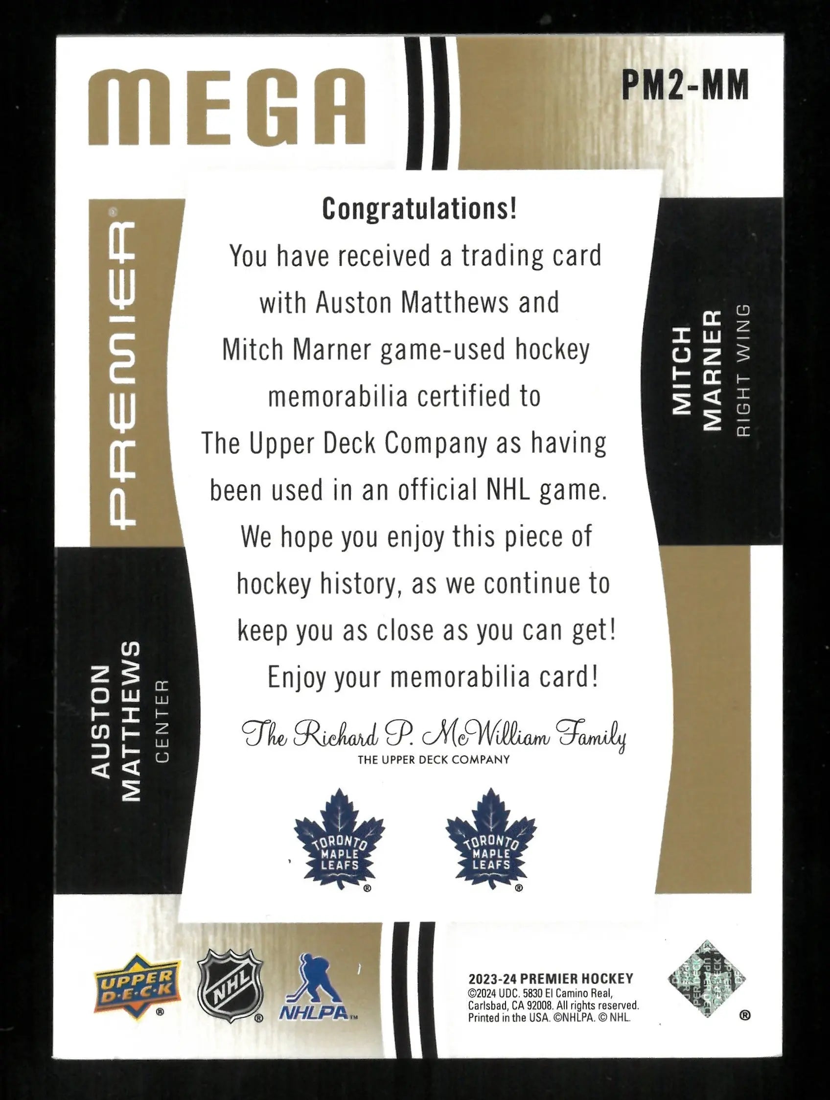 2023-24 Upper Deck Premier Hockey Mega Dual Patch Matthews Marner /25 - Rare Collectible Hockey Cards for Fans & Investors - Perfect for Trading, Display, and Memorabilia Collections