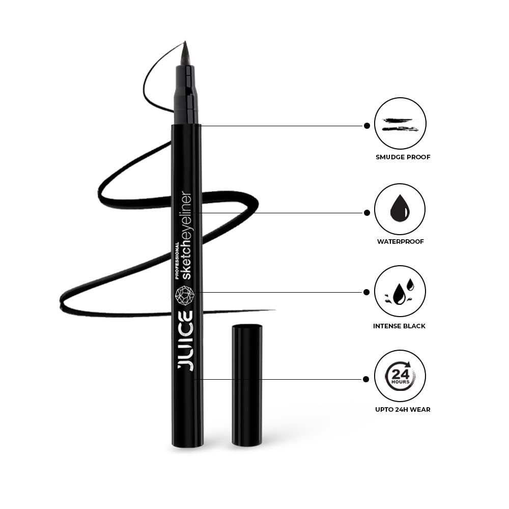 Waterproof & Smudge Proof Juice Sketch Eyeliner SE01 & Mascara MS04 Combo Pack of 2 - Black | Long Lasting Eye Makeup for Party, Wedding & Daily Wear