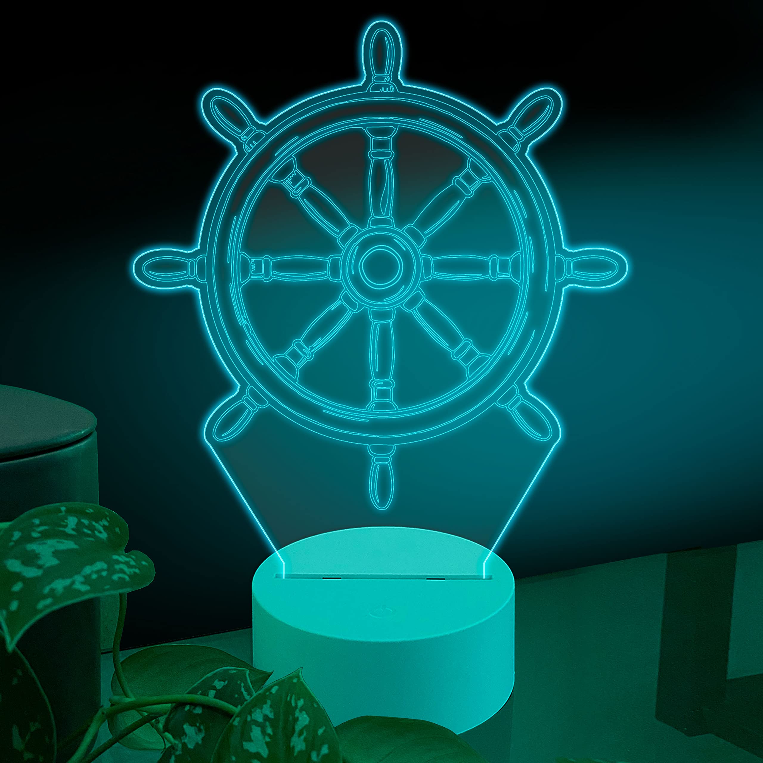 Ambesonne Marine Themed Touch Control Acrylic Lamp - 7 Color Changing LED Night Light with 2 Modes, Nautical Wheel Helm Decor for Desk, Office & Home | Perfect Gift for Men, Dad, Boyfriend, Uncle, Boss & Coworkers | Ideal for Bedroom, Living Room, Office Decor & Relaxation