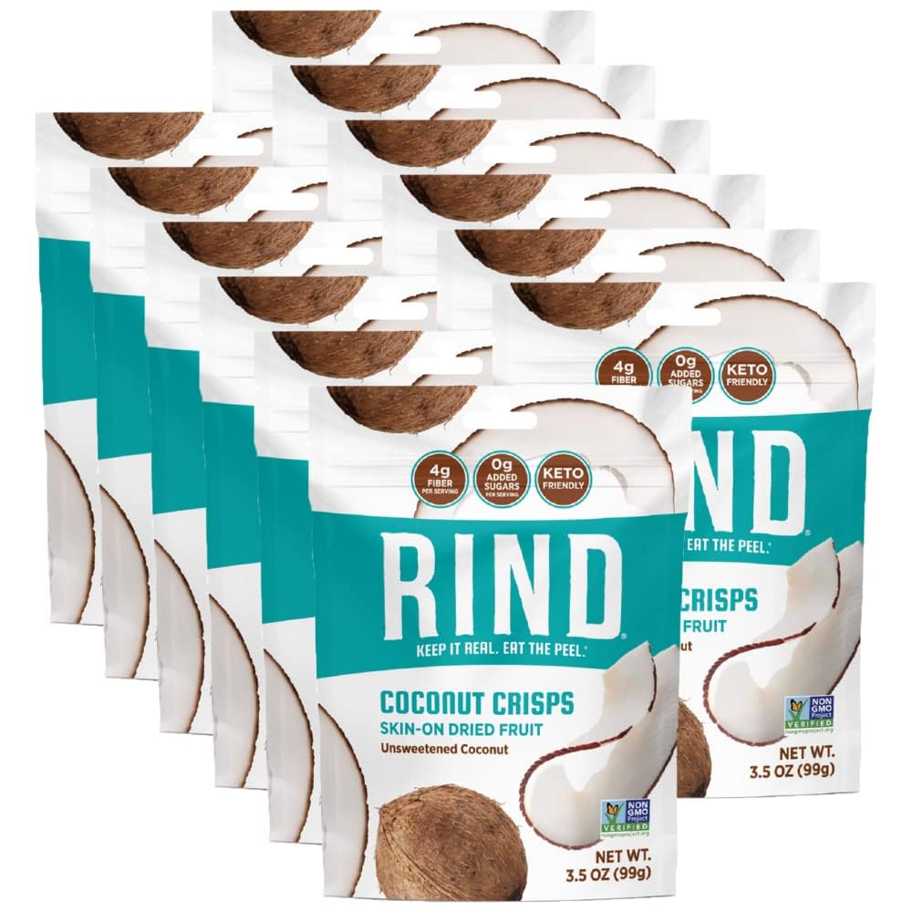 RIND Snacks All Natural Coconut Crisps - Unsweetened Dried Fruit Superfood, Low Carb High Fiber Keto Gluten Free Vegan Paleo Snacks - Perfect for Healthy On-the-Go Snacking, Office Lunch, and Travel (3.5 oz, 12 Pack)