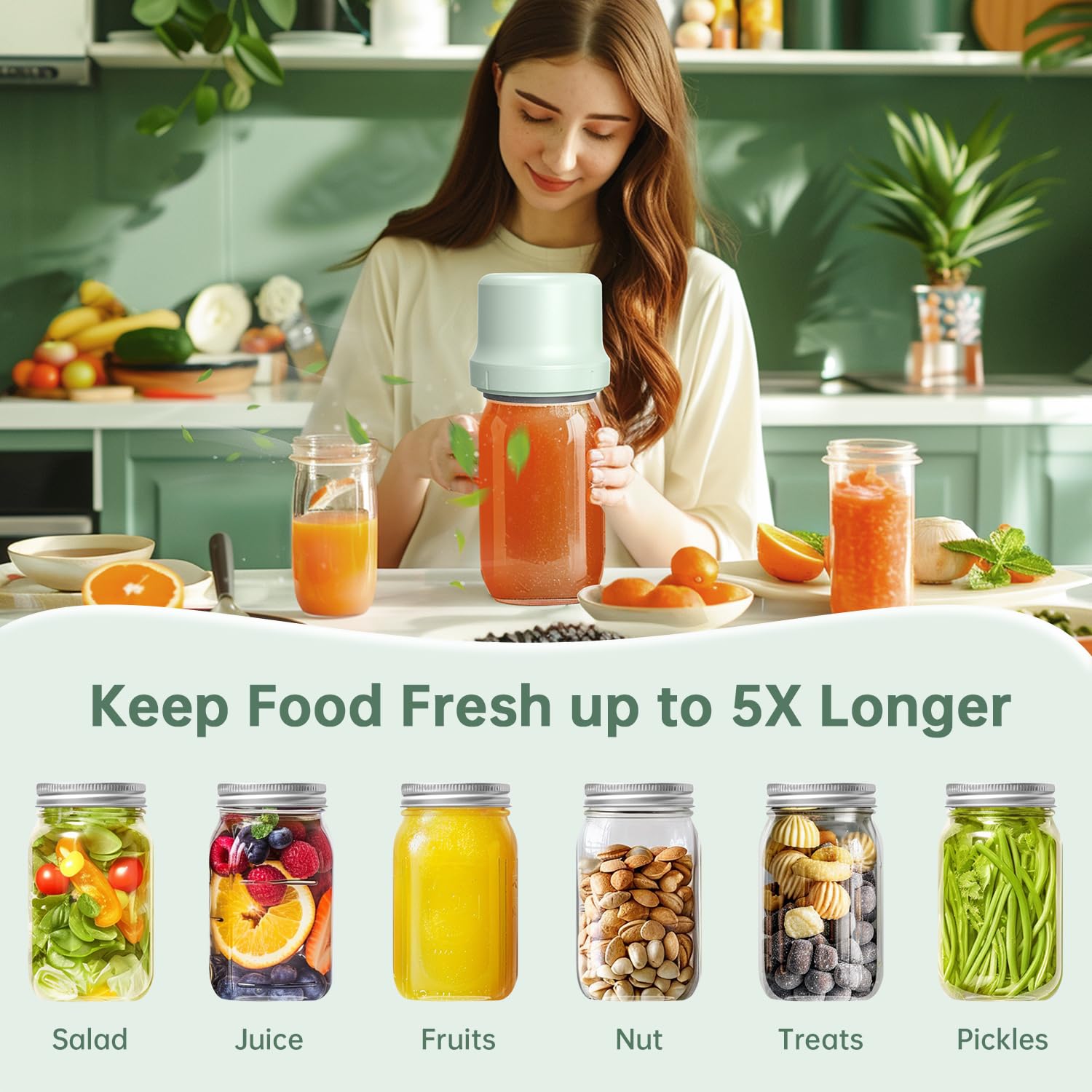 Electric Mason Jar Vacuum Sealer Kit - Smart Integrated Design with Auto Stop, 1800mAh Rechargeable Battery for Regular & Wide Mouth Jars | Perfect for Food Storage, Meal Prep & Sous Vide Cooking