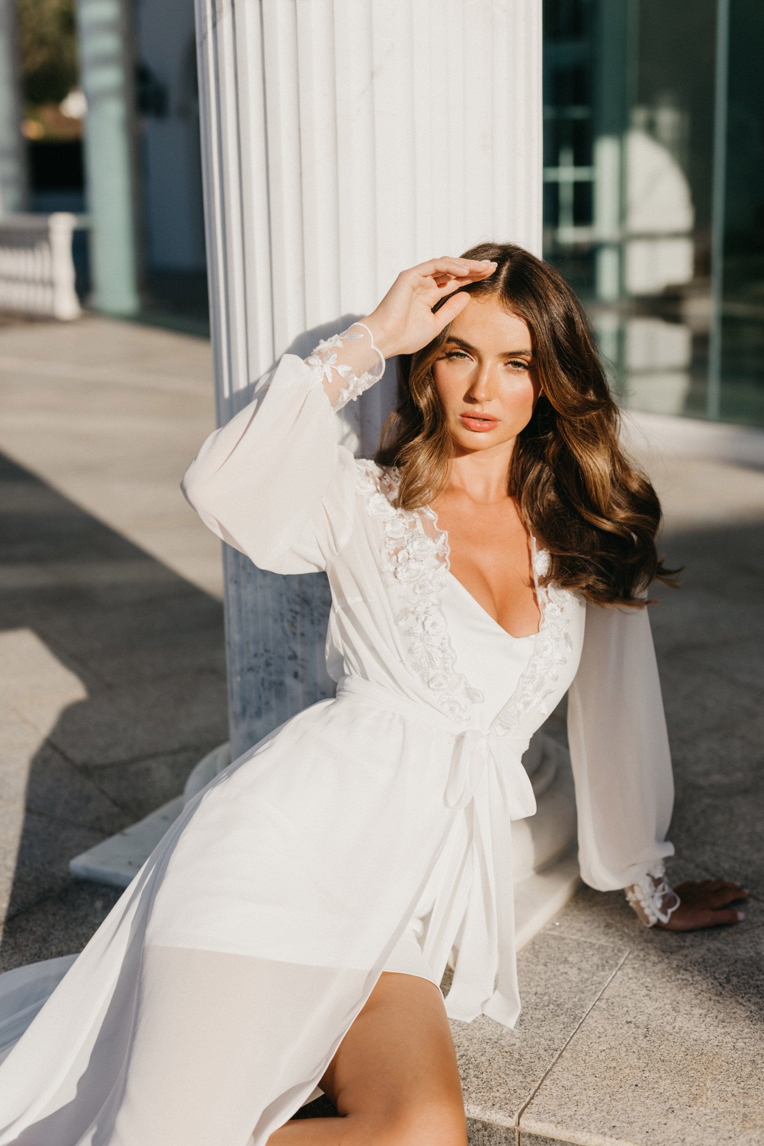 Arianna Beaded Floral Lace Maxi Bridal Robe with Train & Slip - Elegant Wedding Gown for Bridal Shower, Photoshoot & Reception - Perfect for Bride, Bridesmaids & Special Occasions