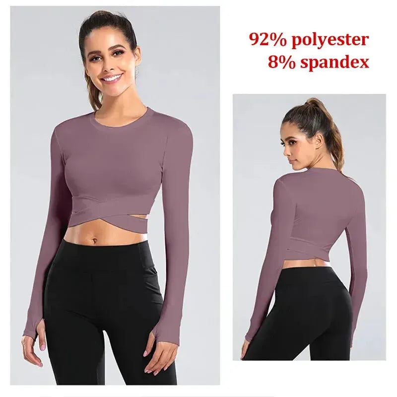 AIITHUUG Midriff Long Sleeve Yoga Top - Women's Slim Fit Criss Cross Waist Workout Shirt for Gym, Running & Fitness | Breathable Sports Crop Top for Yoga, Pilates & Active Lifestyle