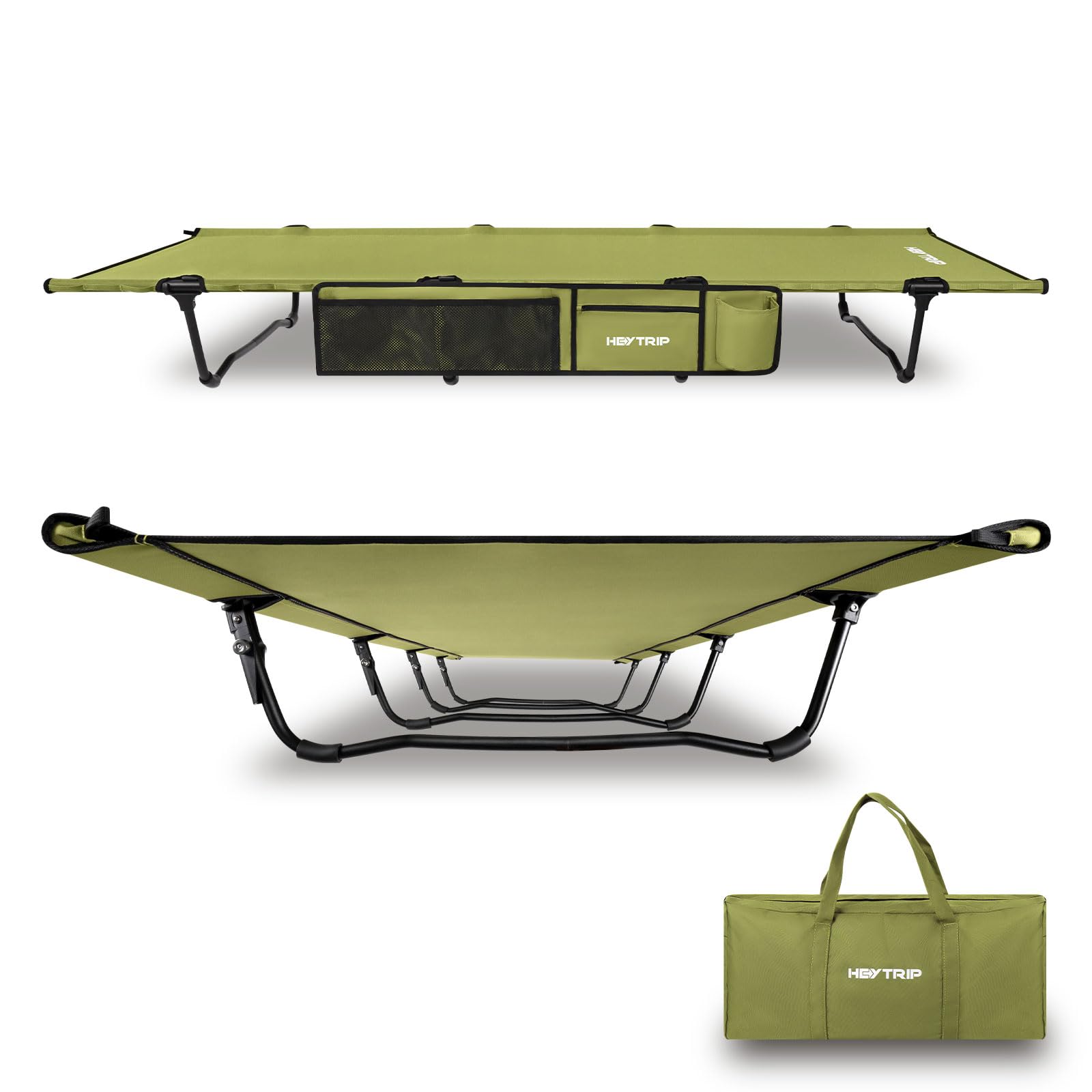 HEYTRIP Extra-Wide Folding Camping Cot - XXL Heavy Duty 350lb Capacity Portable Bed with Side Pocket & Carry Bag - Lightweight Quiet Sleeping Cot for Backpacking, Car Camping, Outdoor Adventures (Green)