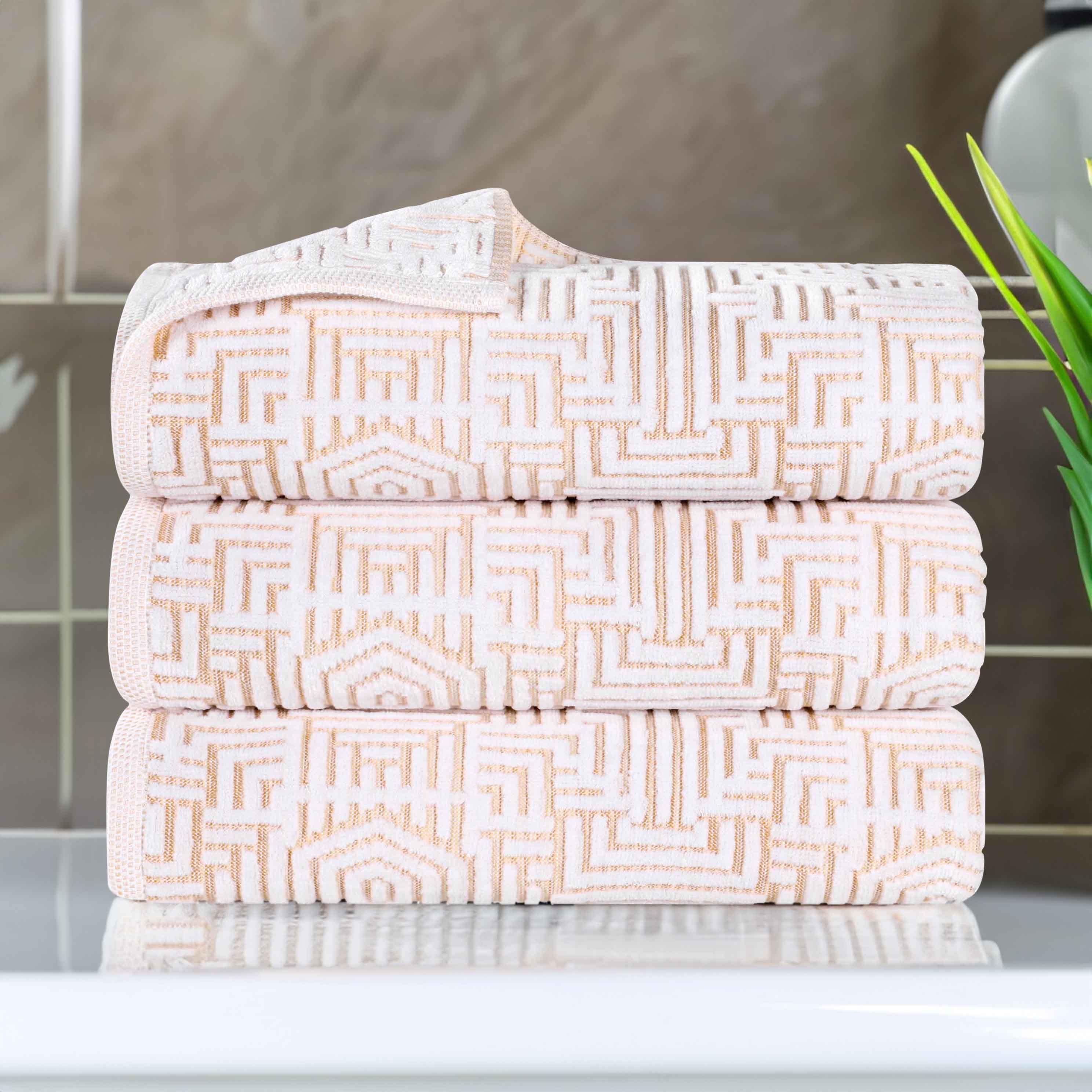 Premium Cotton Modern Geometric Jacquard Plush Bath Towel Set - Ultra Absorbent & Quick Dry - 3-Piece Luxury Bathroom Towel Set for Spa, Hotel & Home Use