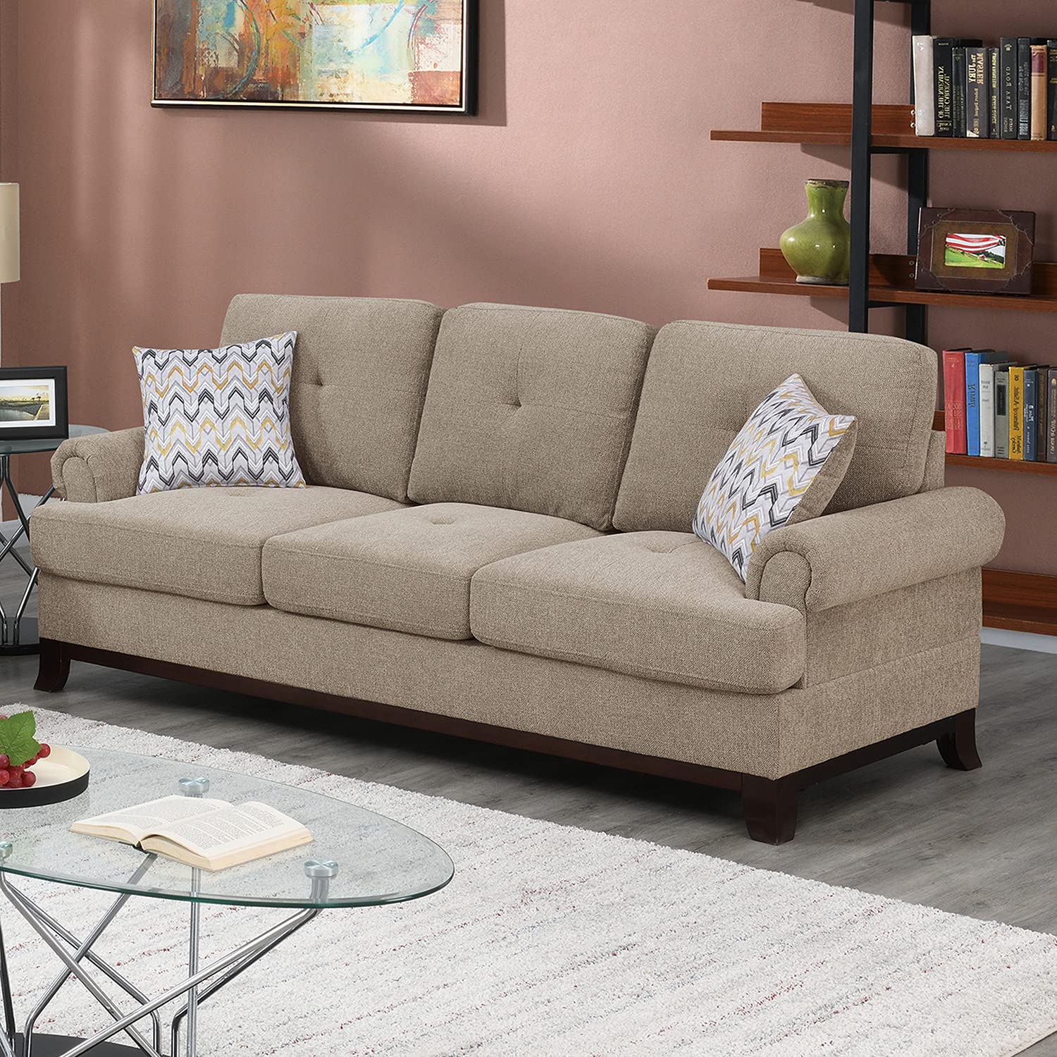 Poundex PDEX-F8839 3-Piece Camel Brown Sofa Set with Cushions - Modern Living Room Furniture for Home, Office, and Lounge Areas