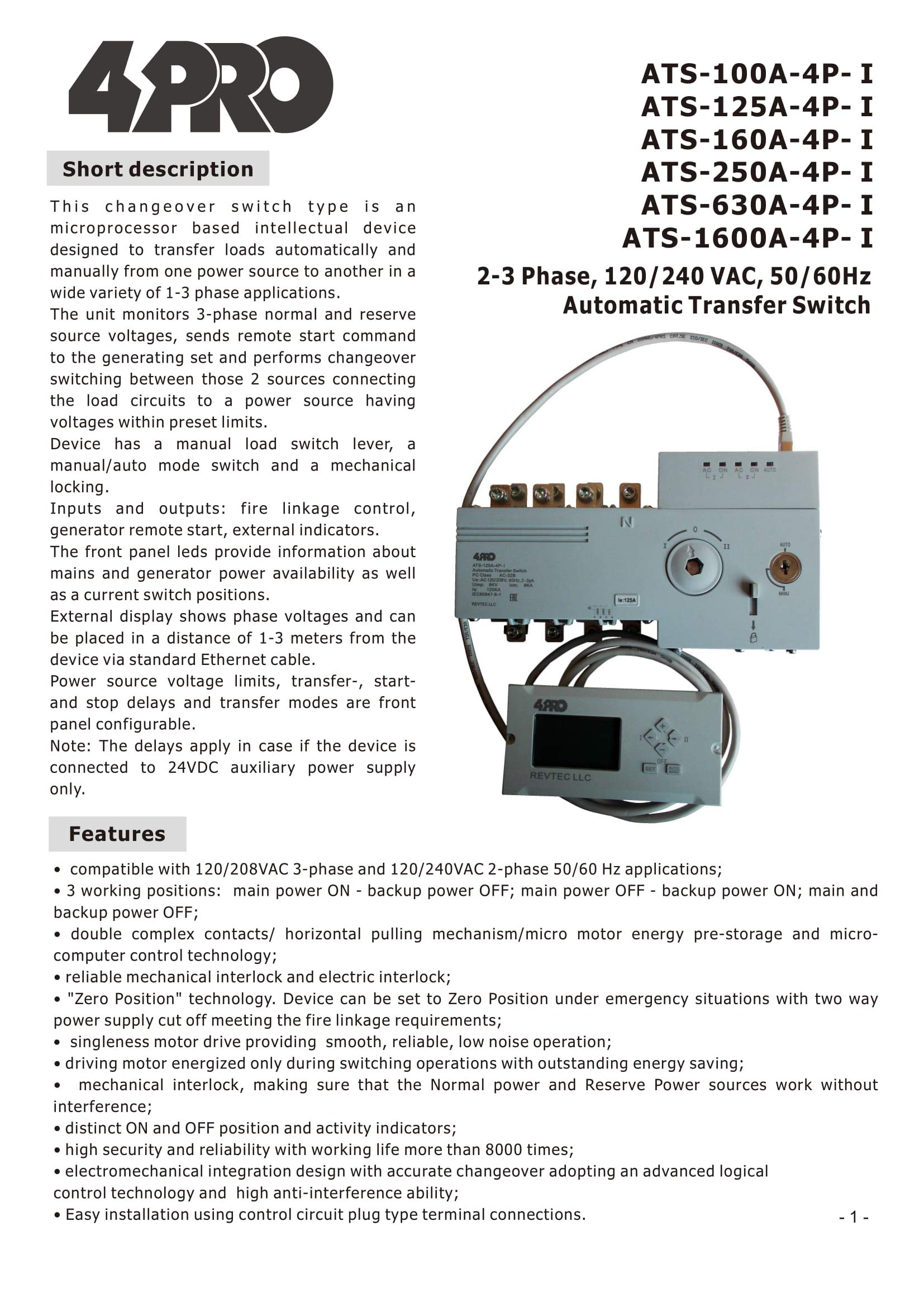 4PRO ATS-125A-4P-iRC 125 Amp Automatic Transfer Switch, 120/208V 1-3 Phase, 50/60Hz - Reliable Power Backup for Home, Office & Industrial Use During Power Outages
