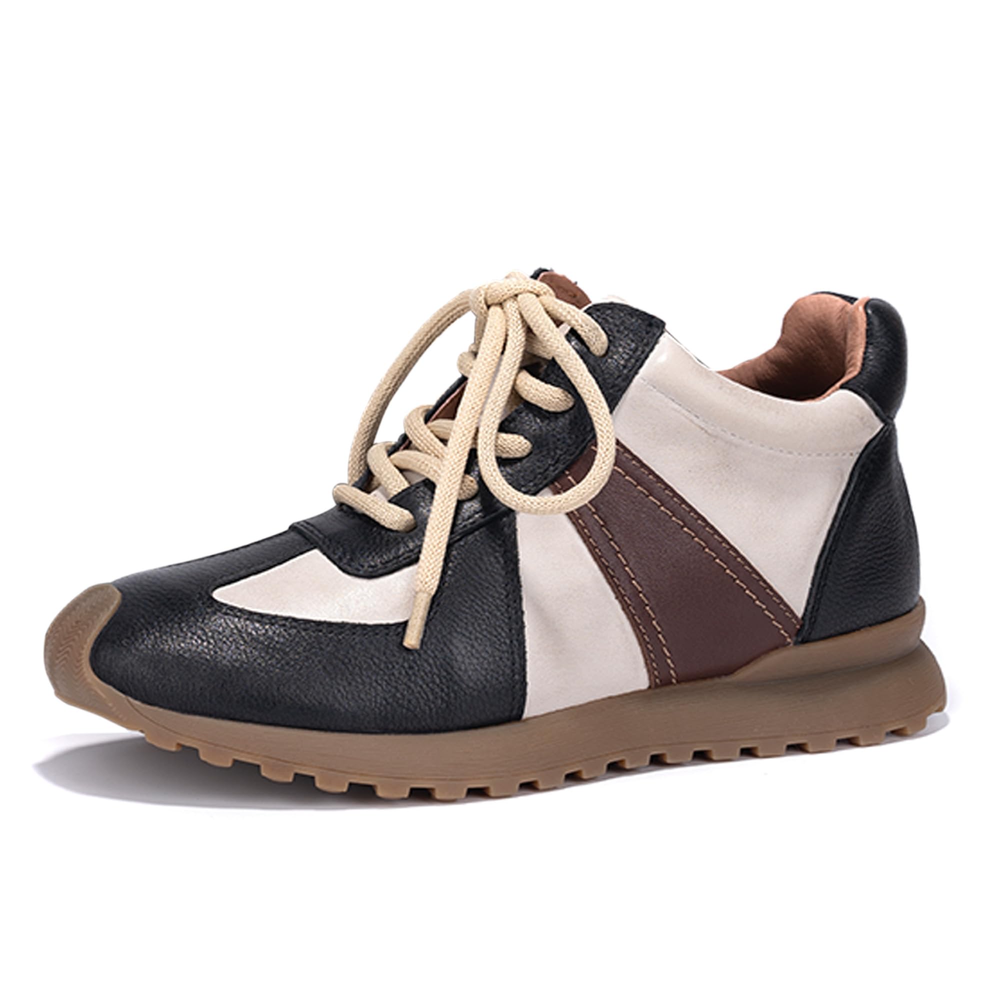 Women's Genuine Leather Casual Walking Sneakers - Patchwork Lace Up Fashion Shoes for Comfort & Durability | Slip On Tennis Running Shoes for Outdoor Activities | Trendy Unisex Sneakers for Daily Wear, Workouts & Street Style
