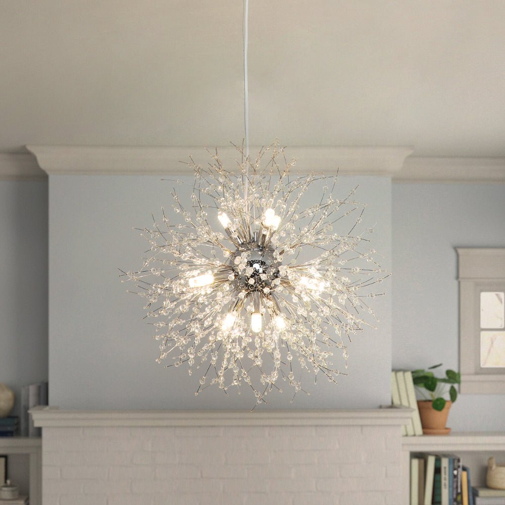 Depuley Modern Crystal Chandelier - 8/9/12 Light Dandelion Firework Pendant Lighting Fixture with Chrome Finish for Living Room, Dining Room, Kitchen Island | G9 Bulbs Compatible | Elegant Ceiling Light for Home Decor, Wedding Venues & Restaurants