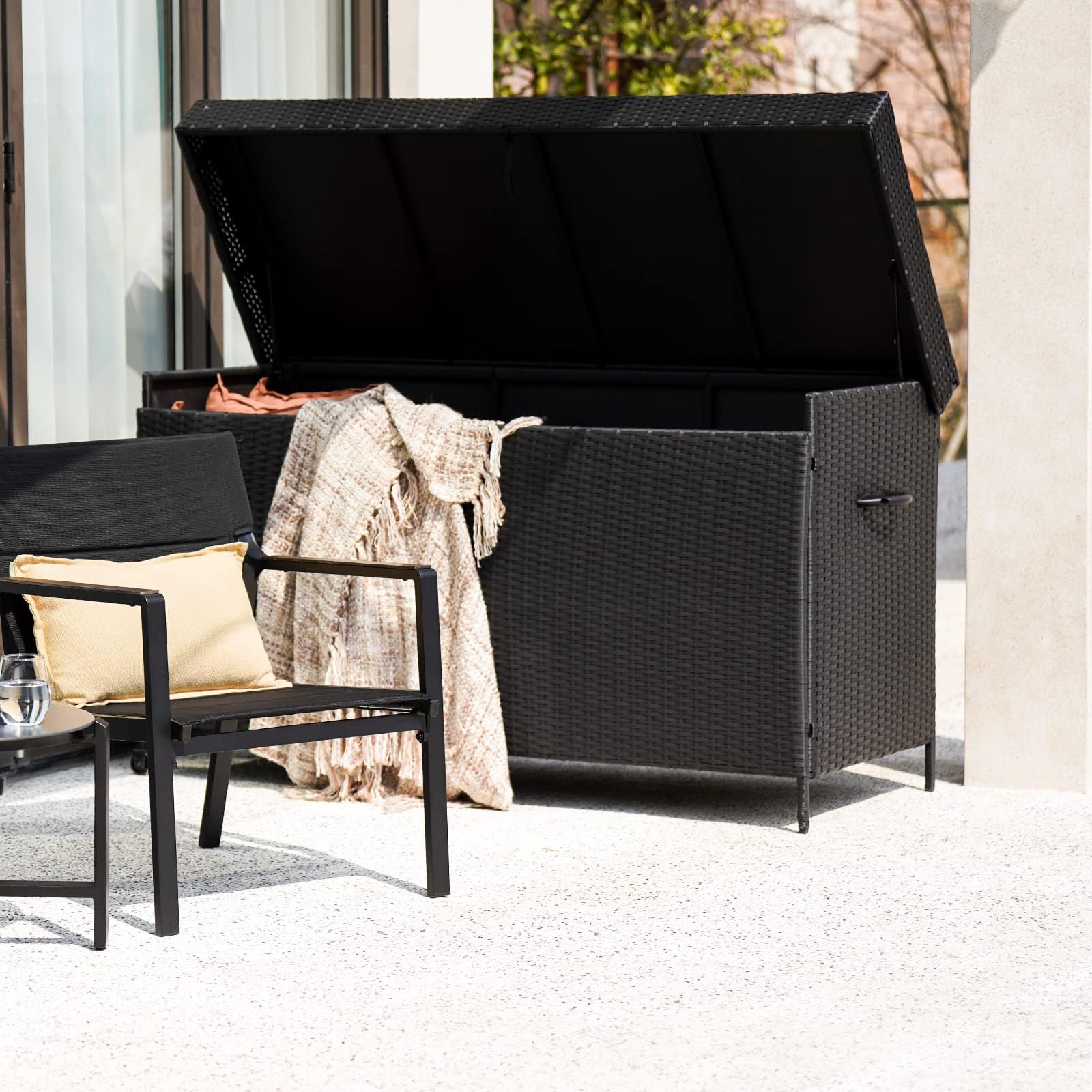 170 Gallon Wicker Deck Storage Box - Outdoor & Indoor Patio Furniture Organizer for Cushions, Garden Tools, Pool Accessories - Weatherproof Black Storage Bin for Backyard, Garden & Poolside Use