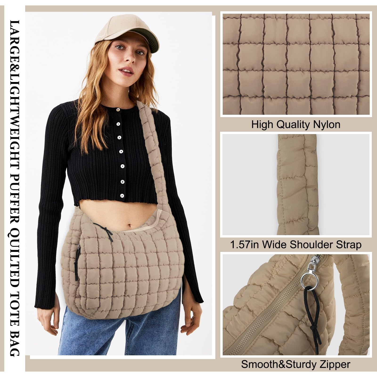 Quilted Puffer Tote Bag for Women - Lightweight Nylon Crossbody Shoulder Purse, Stylish Puffy Hobo Carryall Handbag | Perfect for Work, Travel & Daily Use