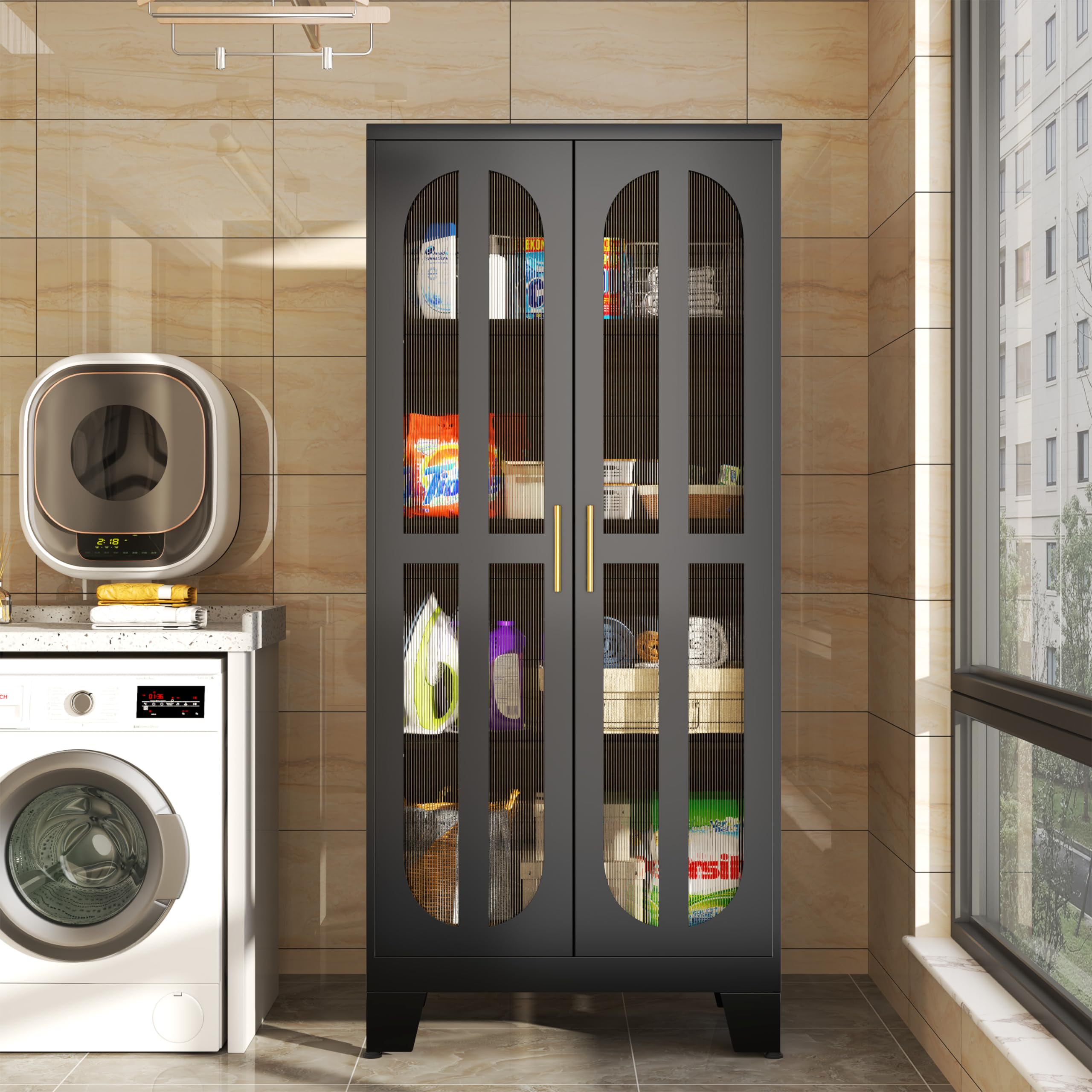 Stainless Steel Pantry Cabinet with Acrylic Glass Doors & Adjustable Shelves - 61 Inch Tall Kitchen Storage Organizer for Food, Dishes & Supplies - Perfect for Modern Kitchens, Dining Rooms & Laundry Rooms