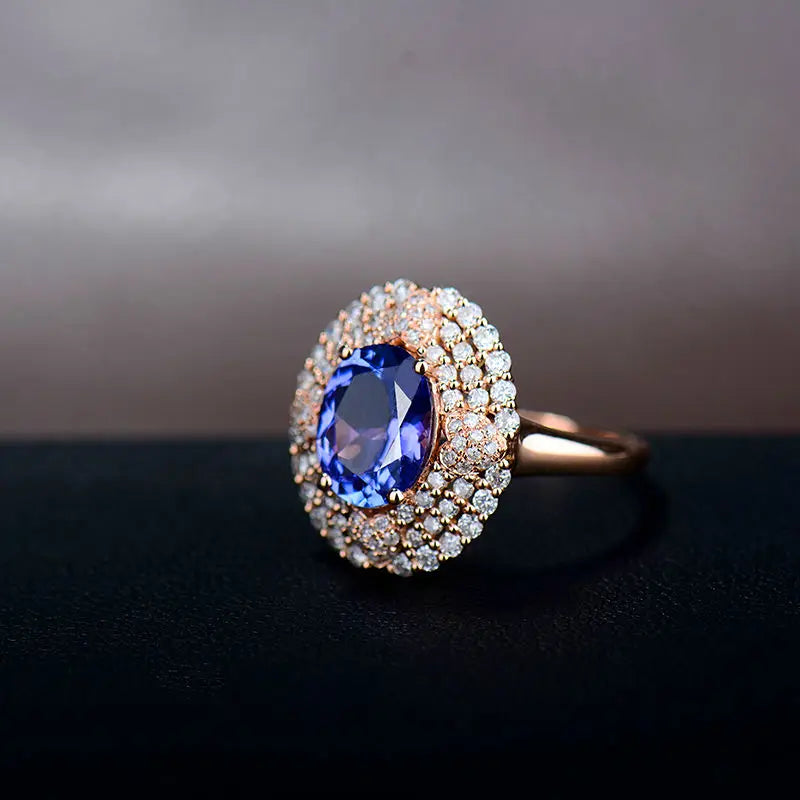 18K Rose Gold Blue Tanzanite & Diamond Ring for Women - Elegant Anniversary Jewelry Gift for Wife, Engagement, Wedding, Valentine's Day & Special Occasions