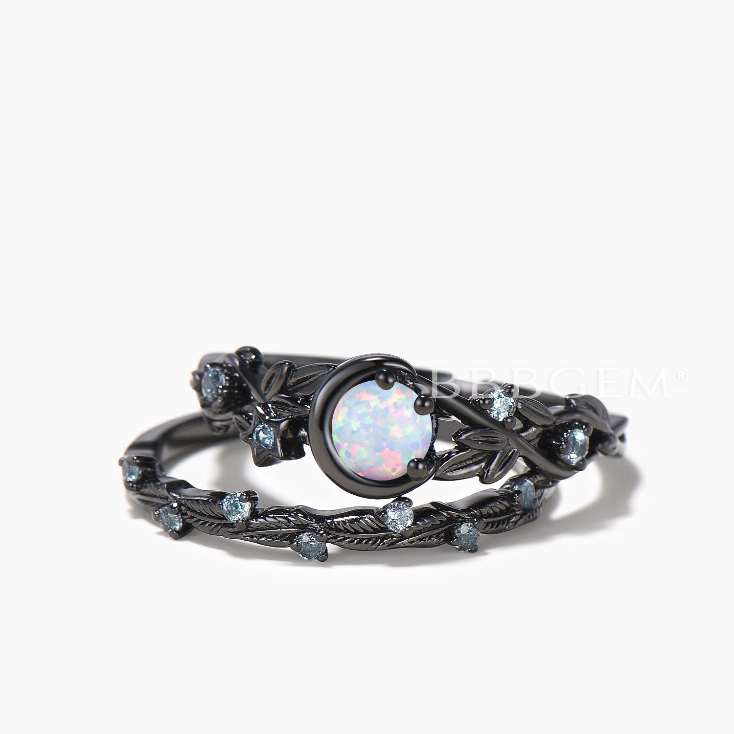Natural White Opal & Alexandrite Moon Engagement Ring Set – Round Cut Bridal Jewelry for Wedding, Proposal & Anniversary Gifts