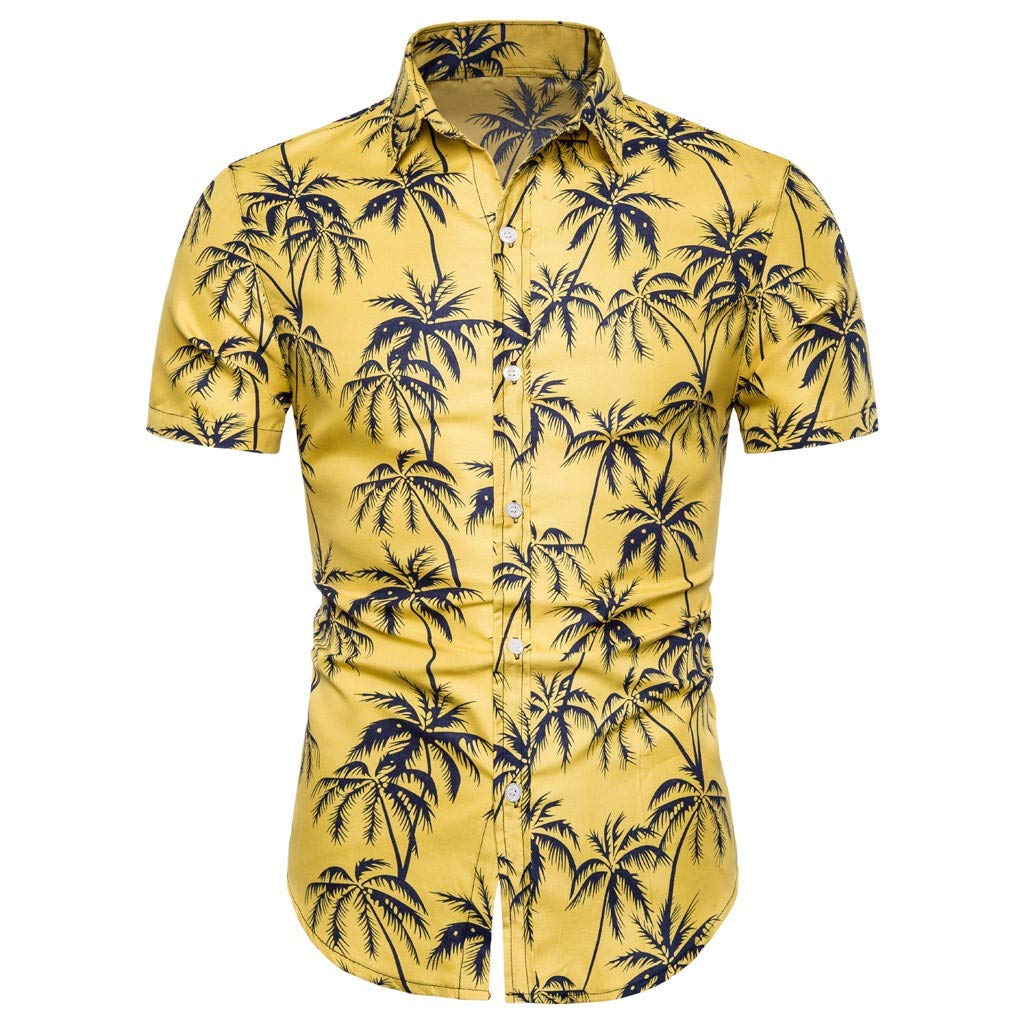 iCJJL Men's Hawaiian Shirt - Breathable Linen Cotton Blend, Short Sleeve Button Down with Tropical Palm Tree Print - Perfect for Summer Beach Vacation, Luau Party & Casual Wear