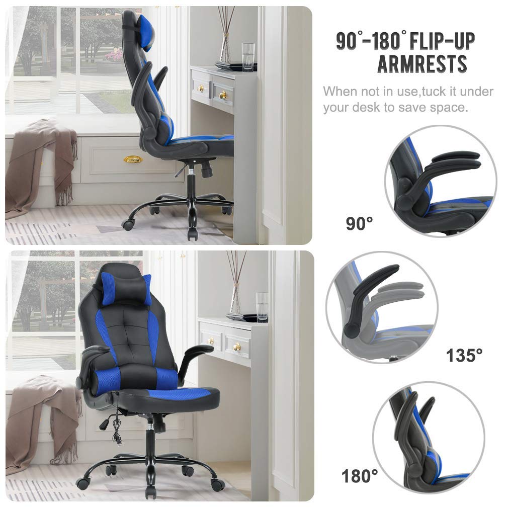 Premium Ergonomic Gaming Chair with Massage & Lumbar Support - Heavy Duty Racing Office Chair with Adjustable Flip-Up Arms & Headrest - Perfect for Home Office, Gaming Setup & Workstation - Blue