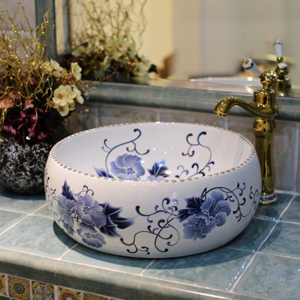 Blue and White Porcelain Vessel Sink - Handcrafted Jingdezhen Art Basin for Bathroom Vanity | Above Counter Wash Basin for Modern & Traditional Home Decor | Perfect for Guest Bathrooms, Powder Rooms & Spa Retreats
