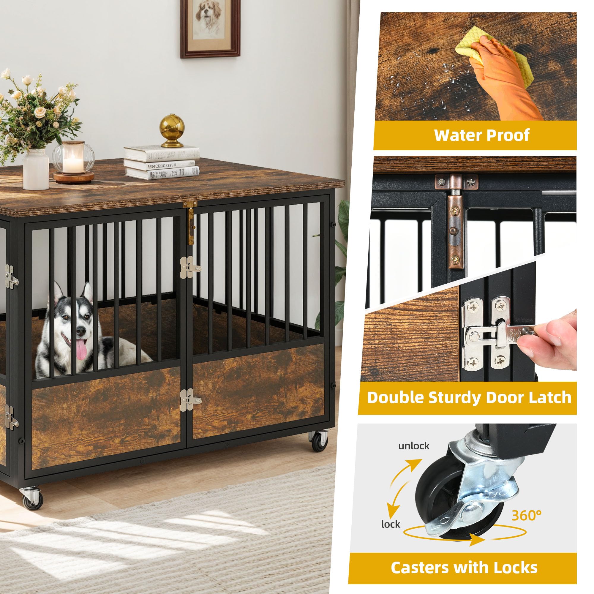 DWVO 43 Inch Rustic Brown Farmhouse Dog Crate Furniture with Wheels - Chew-Resistant Wooden Dog Kennel Indoor End Table with Double Doors | Perfect for Living Room, Bedroom & Home Decor