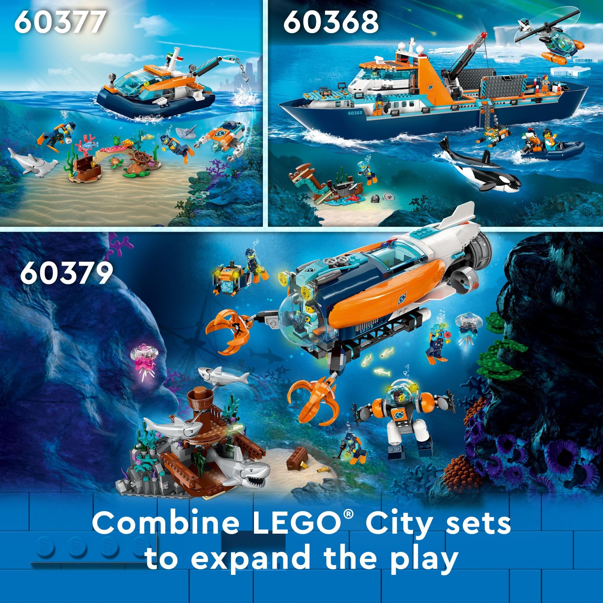 LEGO City Explorer Diving Boat 60377 - Ocean Adventure Building Toy Set with Mini-Submarine, 3 Minifigures & Sea Creatures (Shark, Manta Ray, Crab, Turtles, Fish) | Perfect for Underwater Exploration Play & STEM Learning