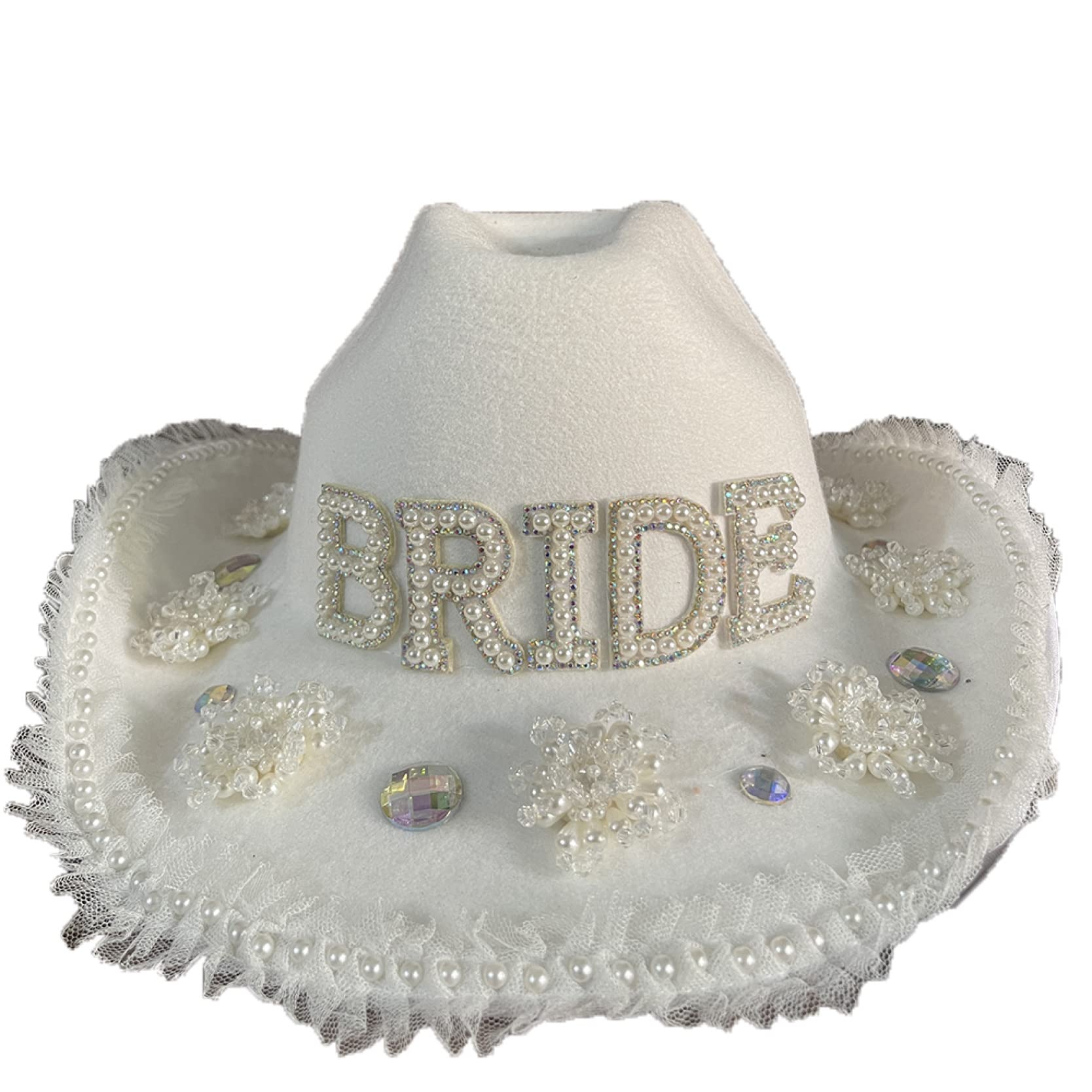 EBRICON White Cowboy Hat for Women - Rhinestone & Pearl Embellished Wool Western Cowgirl Hat with Wide Brim | Perfect for Weddings, Rodeos & Country Music Festivals