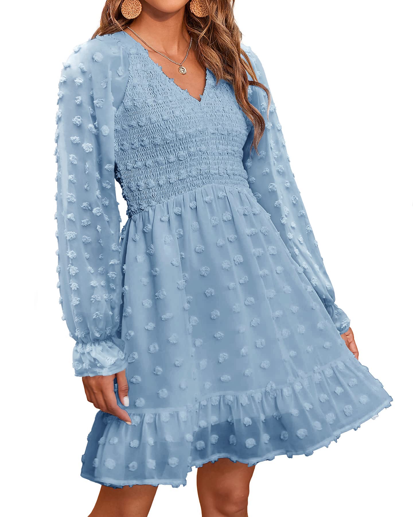 BTFBM Women's Smocked Short Dress - V Neck Long Sleeve Swiss Dot Ruffle Chiffon Flowy Mini Dress for Spring Summer 2025 | Casual Party, Wedding Guest, Date Night Outfit