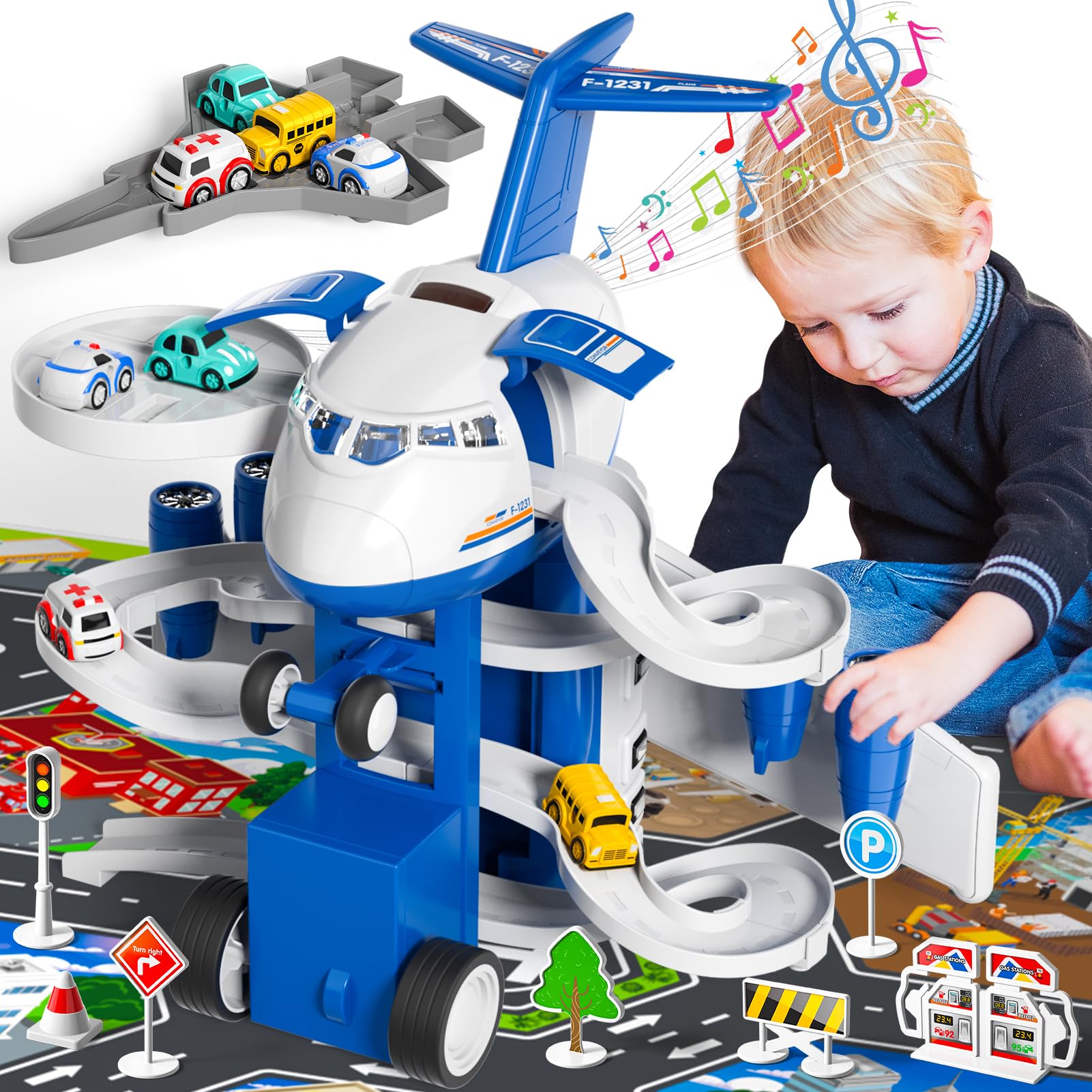 **iHaHa Airplane Toys with Toy Car Track Set - 14 Road Signs, 4 Inertial Cars & 1 Map - Toddler Boy Toys for 2 3 4 5 6 Year Olds - Perfect Birthday Gift for Kids - Great for Pretend Play, Learning Traffic Rules & Indoor Fun**