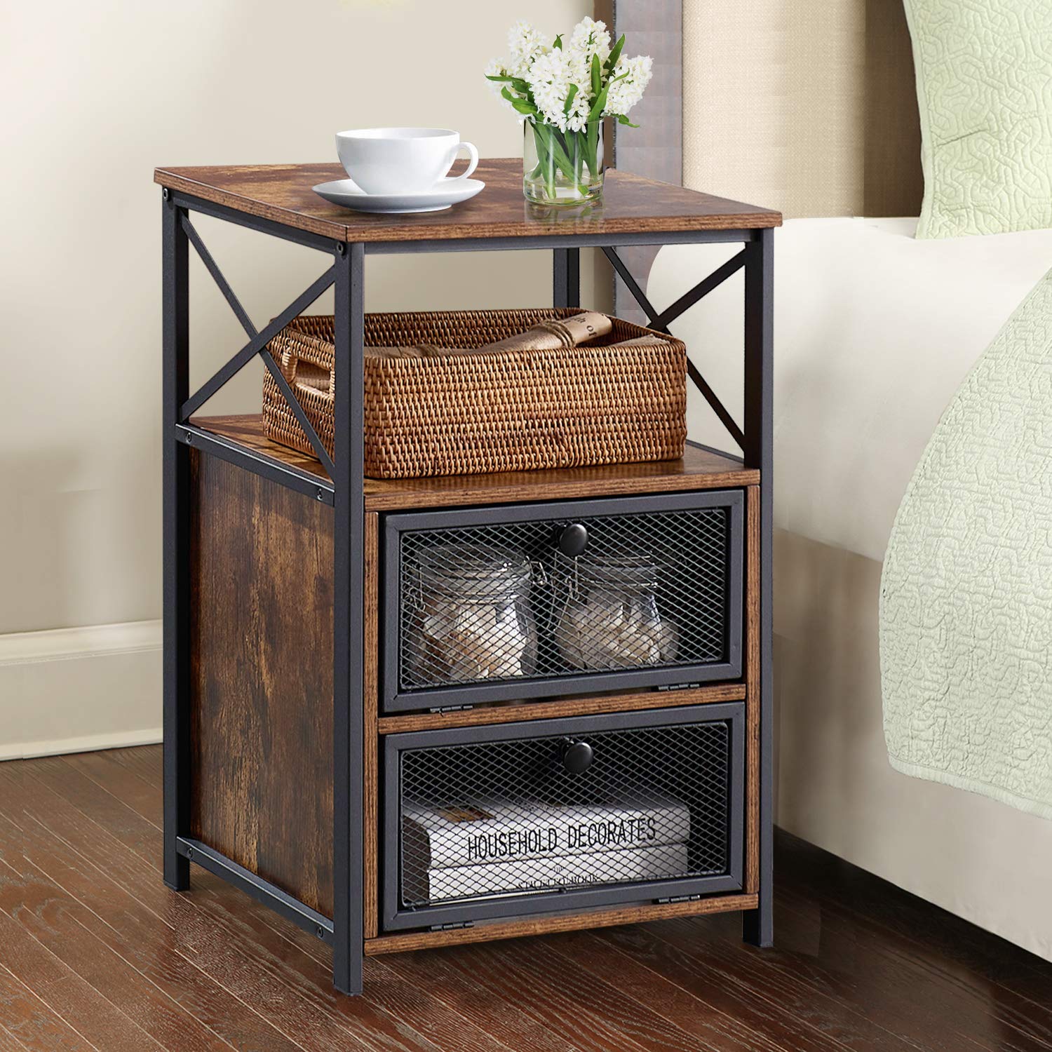 Modern Night Stands Set of 2 - Industrial Design Bedside Tables with Drawers & Storage Shelf for Bedroom or Living Room - Perfect for Small Spaces, Apartment Decor & Guest Rooms (Brown)