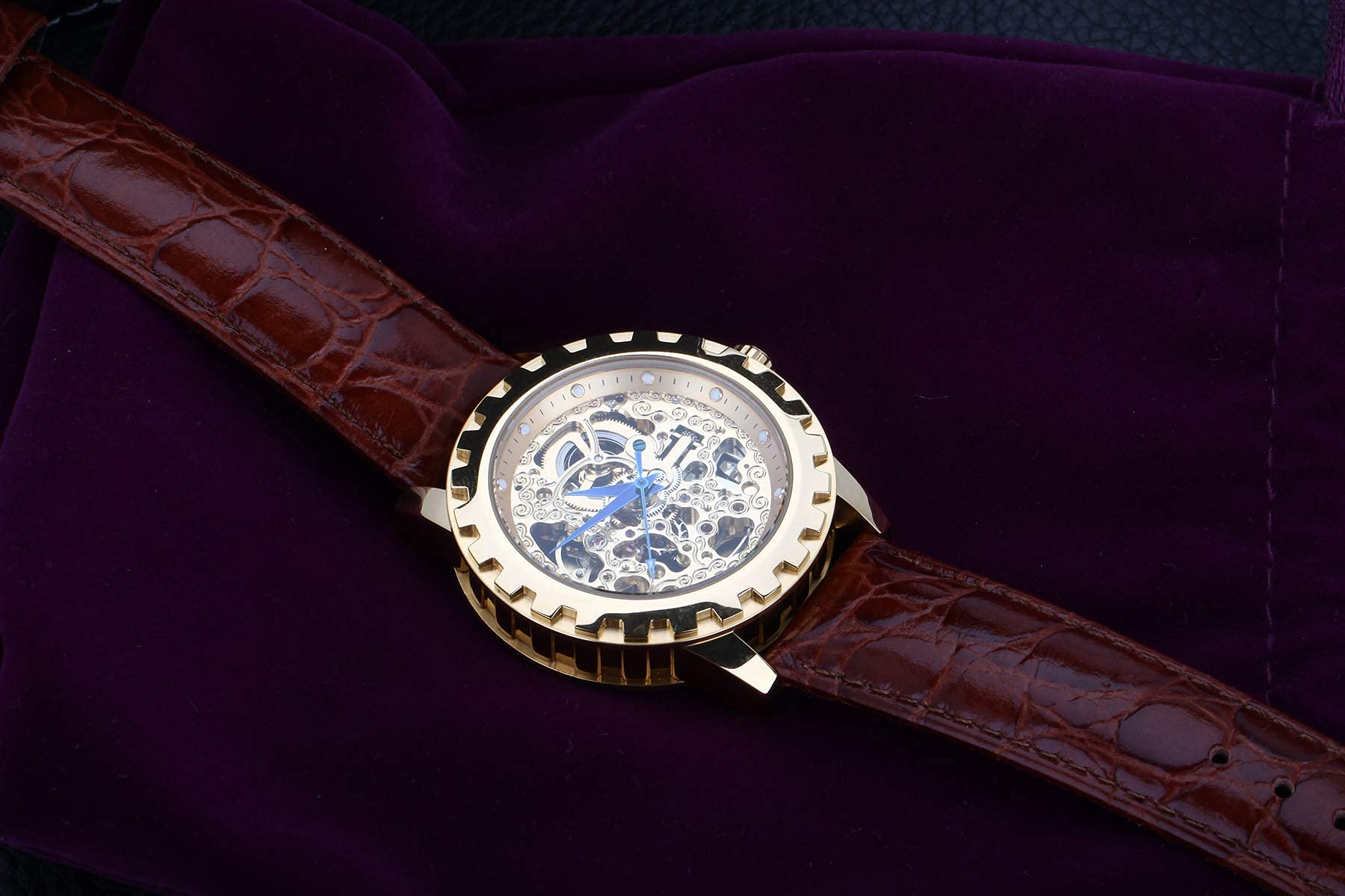 BERNY Luxury Automatic Skeleton Men's Watch - Gold Stainless Steel Dress Watch with Exhibition Back, Luminous Markers & Waterproof - Perfect for Business, Formal Events & Gift Giving