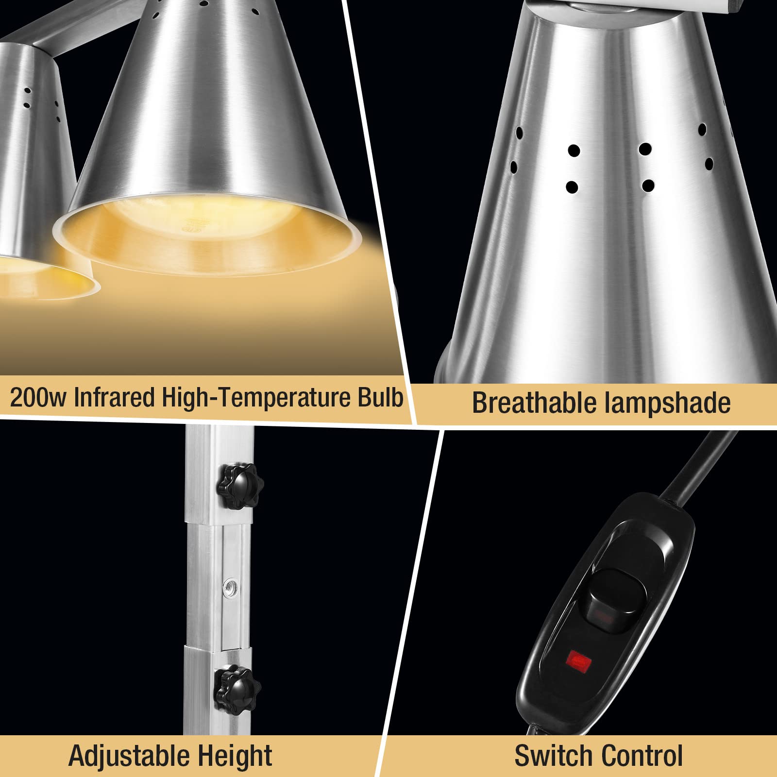 Commercial Food Heat Lamp - 120V Stainless Steel Portable Food Warmer with 2x 250W Bulbs & Fan-Shaped Lampshade for Restaurants, Buffets & Catering Services - Perfect for Keeping Dishes Warm at Events & Food Stations