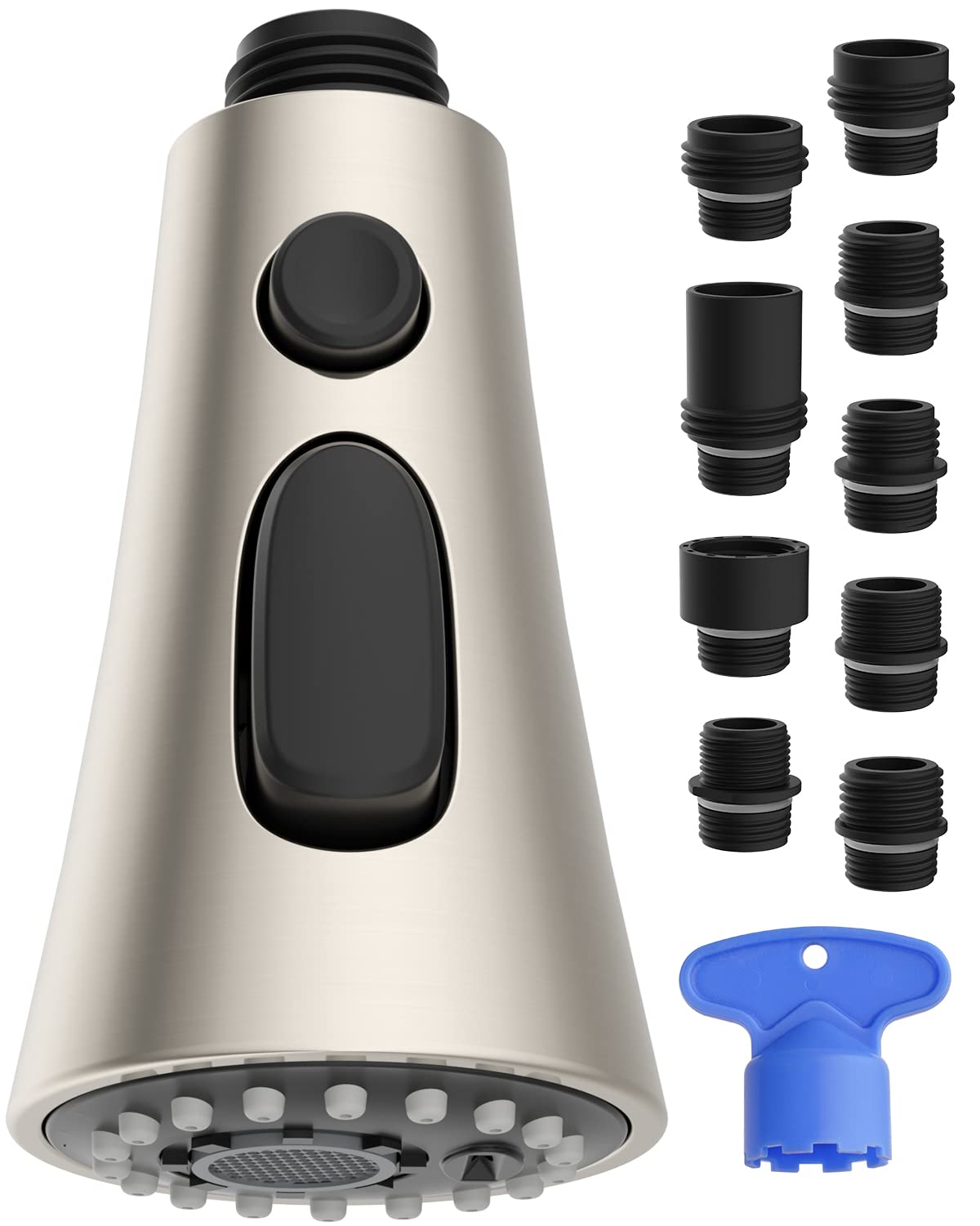 Pull Down Kitchen Faucet Head Replacement with 9 Adapter Kit, 3 Function Sink Spray Head, Brushed Nickel Finish, Ideal for Dishwashing and Food Prep