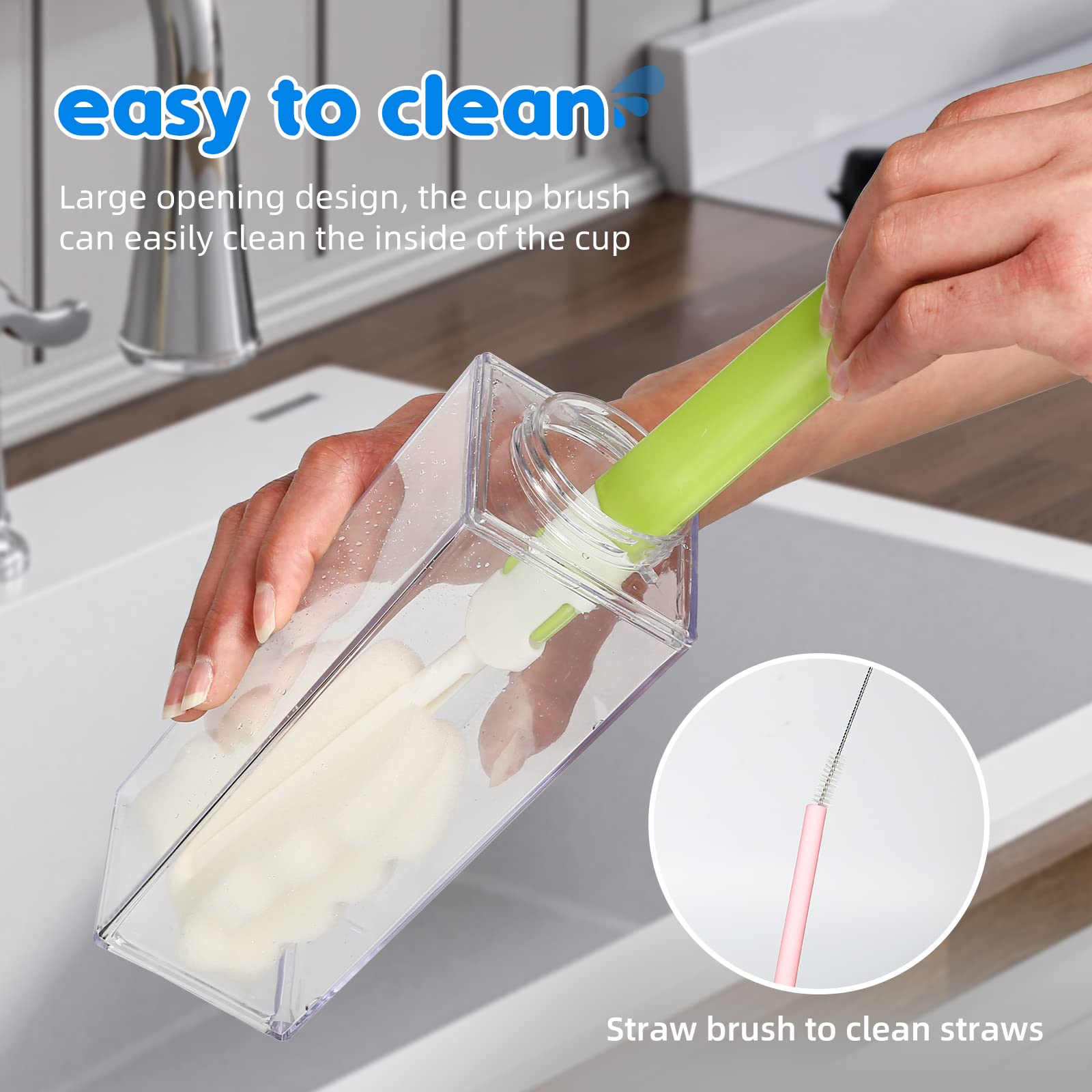 3 Pack 17oz (500ml) Square Milk Carton Water Bottles with Silicone Straws, Cleaning Brushes & 30 Cute Stickers - Reusable BPA-Free Leakproof Bottles for Kids, Outdoor Sports, Travel, Camping, School & Gym Hydration