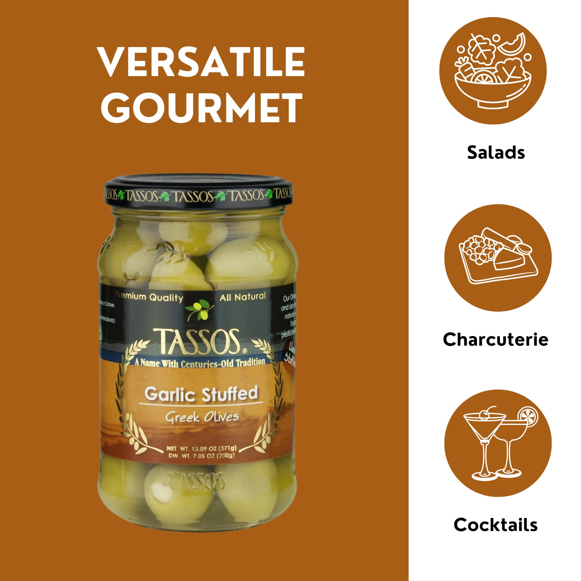 Tassos Garlic Stuffed Green Olives - 13 oz Jar | Premium Mediterranean Snack for Charcuterie Boards, Salads & Cocktails