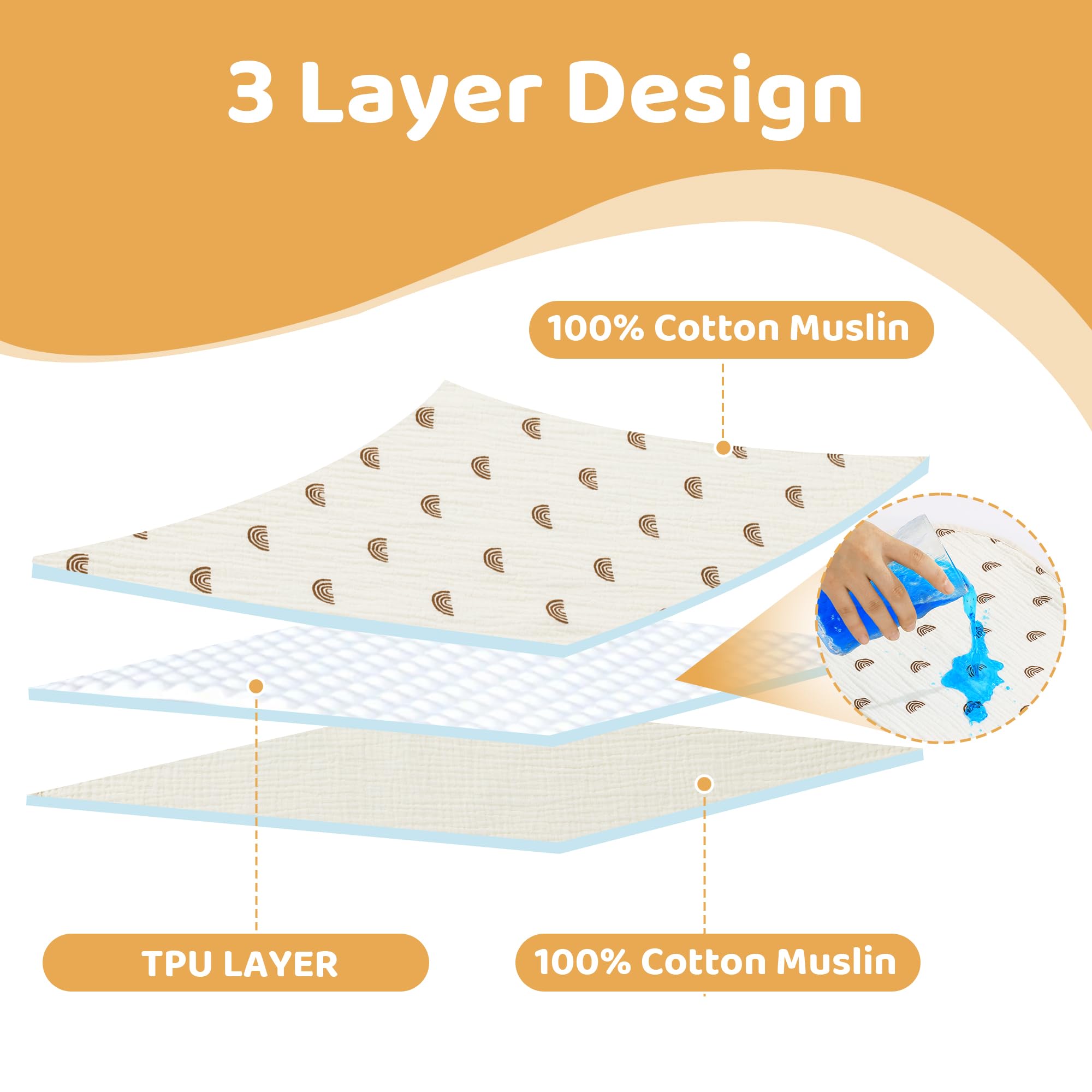 HOMBYS Washable Waterproof Baby Changing Pad Cover - 100% Cotton Muslin Changing Table Pad Liner (3 Pack, Cream White/Ginger/Rainbow) for Nursery, Diaper Changing Station & Travel