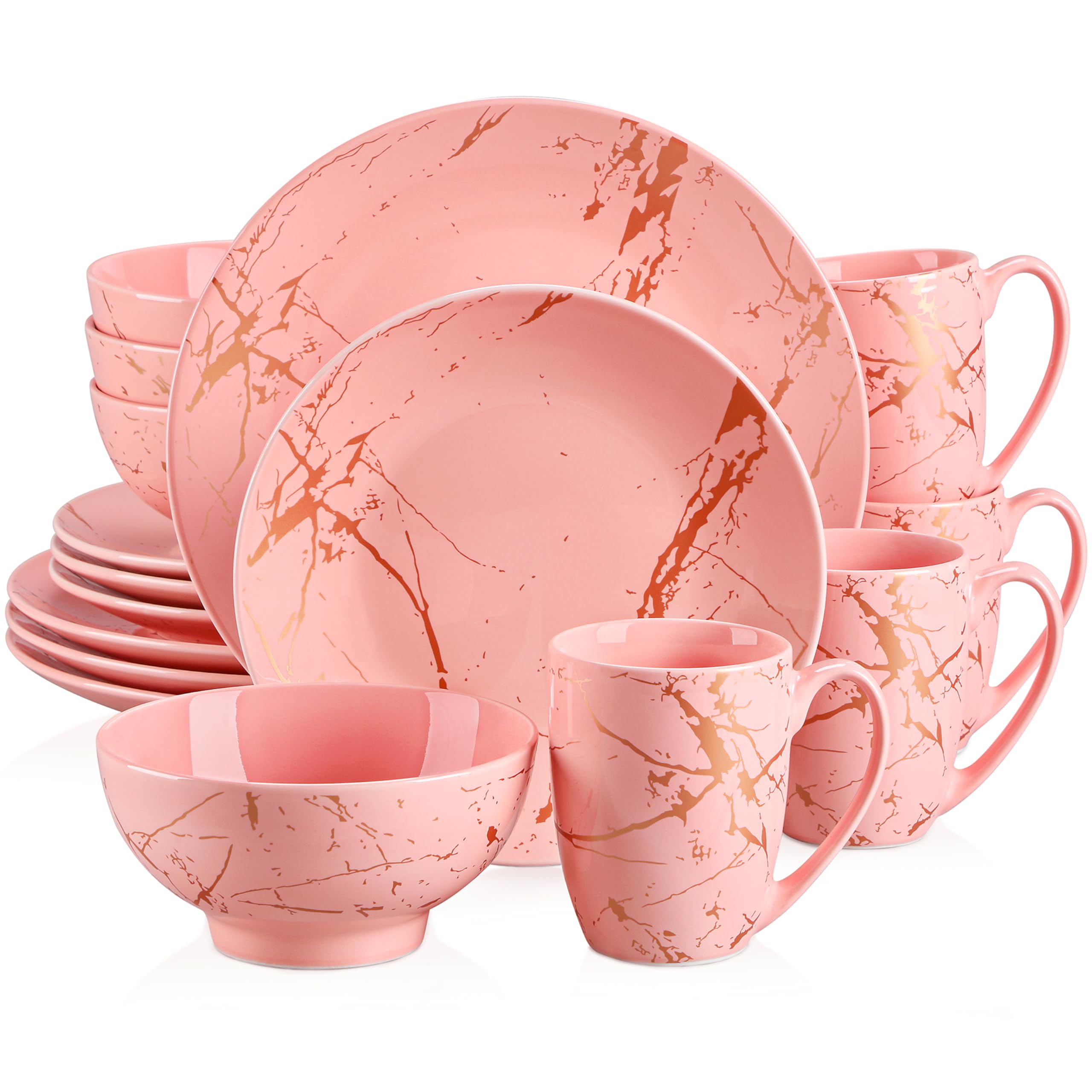 LOVECASA 16-Piece Pink Porcelain Dinnerware Set for 4 - Gold Splash Glaze Plates, Bowls & Mugs - Modern Ceramic Dish Set - Dishwasher & Microwave Safe - Perfect for Family Dinners, Parties & Home Decor