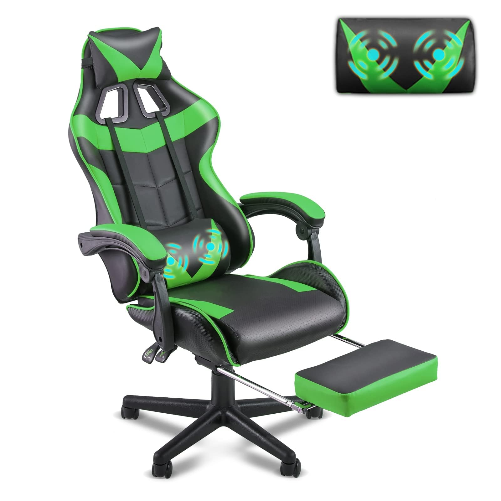 Soontrans Ergonomic Gaming Chair with Adjustable Headrest & Lumbar Support - Racing Style Computer Gamer Chair with Footrest (Jungle Green) - Perfect for Esports, Streaming & Home Office Setup