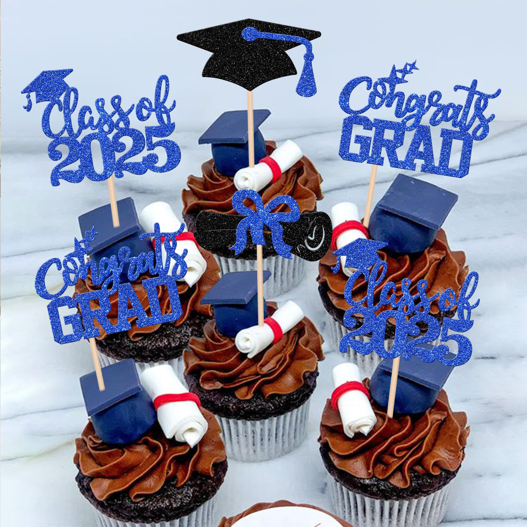 24 PCS Class of 2025 Graduation Cupcake Toppers - Glitter Diploma & Grad Cap Cake Decorations - Blue Graduation Party Supplies for 2025 Theme Celebrations, School Events & Dessert Decorating