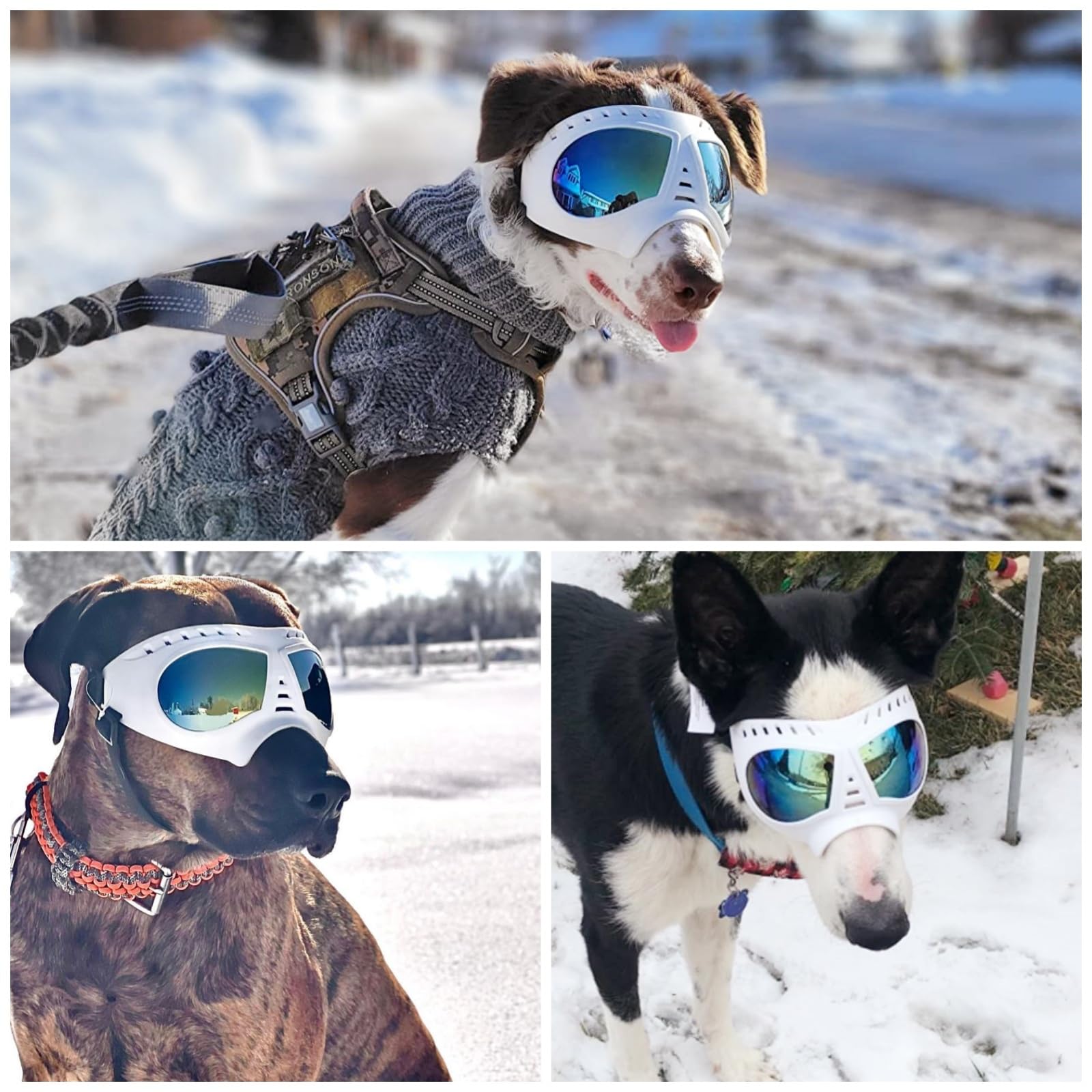 Tactical Dog Goggles for Large Dogs - UV Protection Sunglasses with Soft Frame & Adjustable Strap for Summer Driving & Winter Snow - White Pet Eye Protection for Medium to Large Breed Dogs