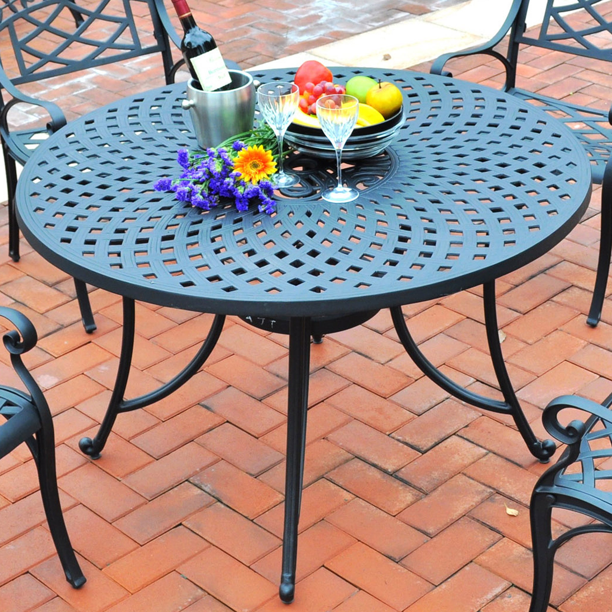 Crosley Sedona 46 Inch Round Black Cast Aluminum Outdoor Dining Table with Umbrella Hole - Weather-Resistant Patio Furniture for Backyard, Garden & Poolside Dining