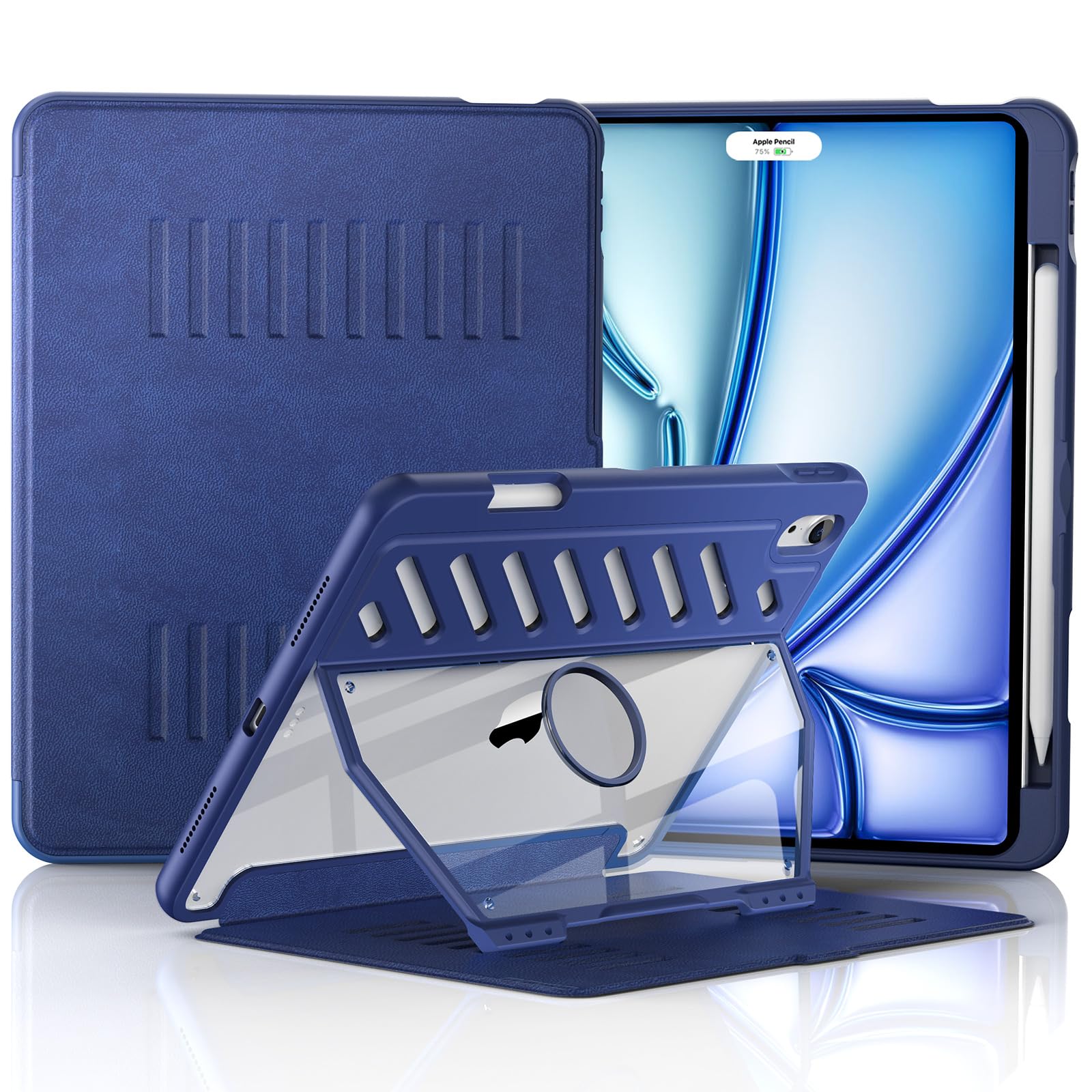 MoKo iPad Air 11 Case (M3 2025/M2 2024) & iPad Air 10.9 Case (4th/5th Gen 2020/2022) - Heavy Duty Shockproof Protective Cover with Pencil Holder & 10 Magnetic Viewing Angles - Navy Blue - Perfect for Work, Travel & Outdoor Use