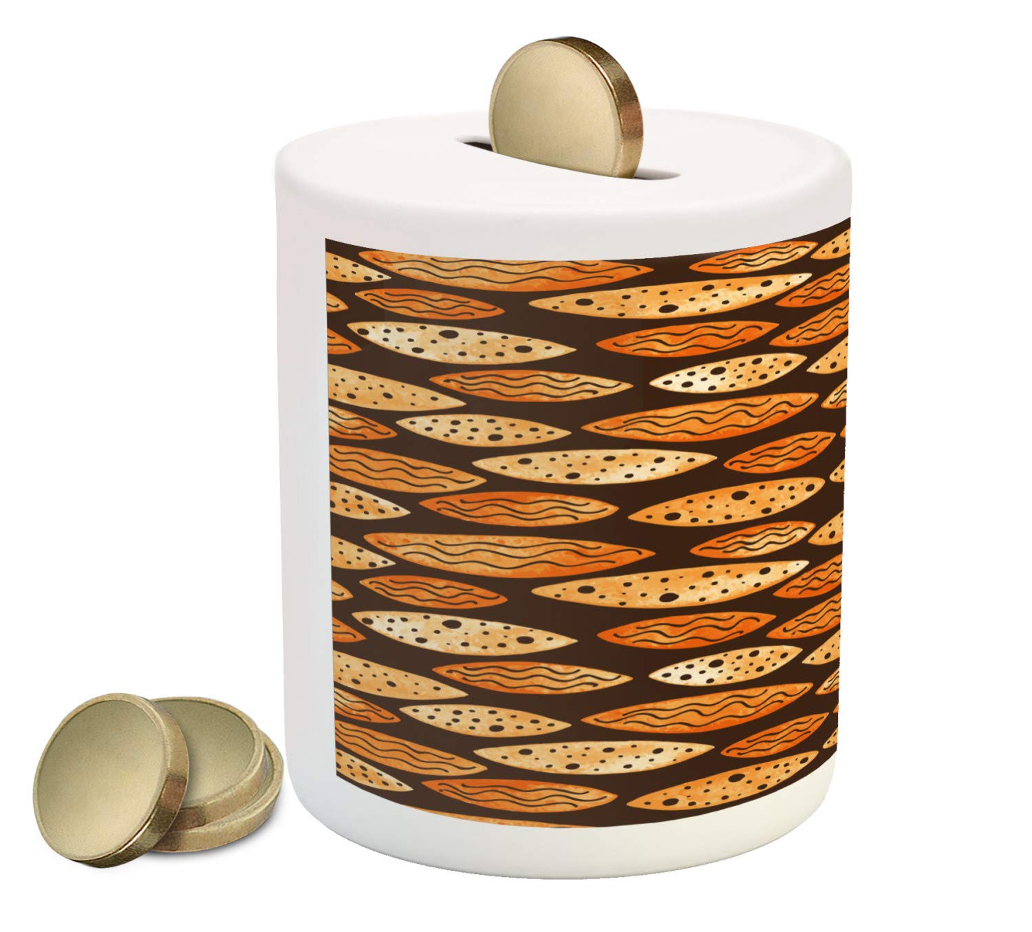 Ambesonne Abstract Piggy Bank - Geometric Orange Watercolor Design Hand-Painted Ceramic Coin Bank for Saving Money | Unique Gift for Kids, Home Decor, Office Savings Jar (Orange & Brown)