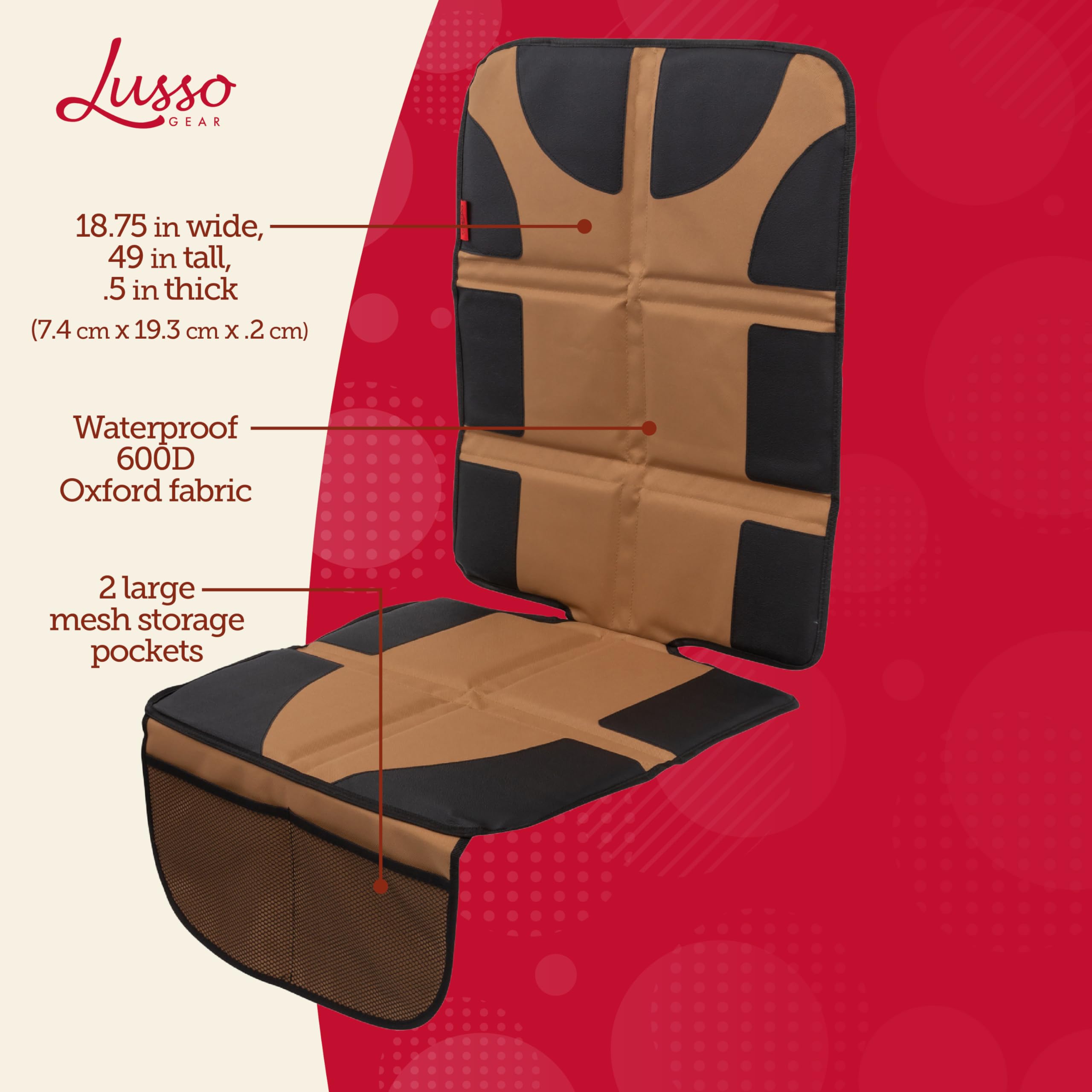 Lusso Gear Thick Padded Car Seat Protector for Baby - Waterproof Tan Seat Cover with 2 Mesh Storage Pockets & Non-Slip Backing - Universal Fit Car Accessories for SUVs, Sedans, Minivans - Perfect for Road Trips, Daily Commutes & Child Safety