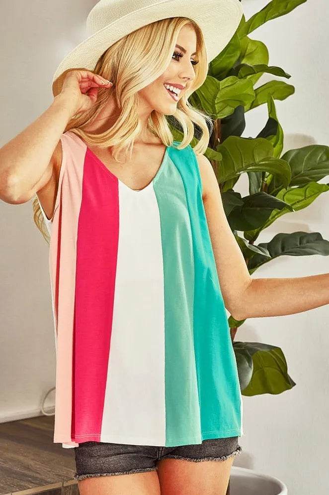 BiBi Cotton Span Knit Color Block Sleeveless Top for Women - Breathable Summer Casual Wear, Perfect for Beach Outings & Yoga
