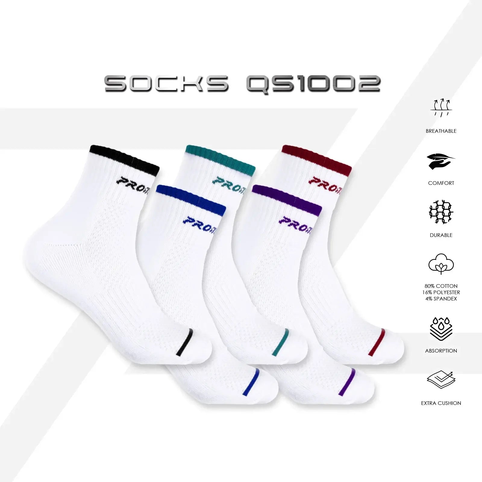 PROTECH Cotton Quarter Sport Socks QS1002 - Breathable Athletic Socks for Running, Gym & Outdoor Activities - Comfortable Cushioned Socks for Men & Women