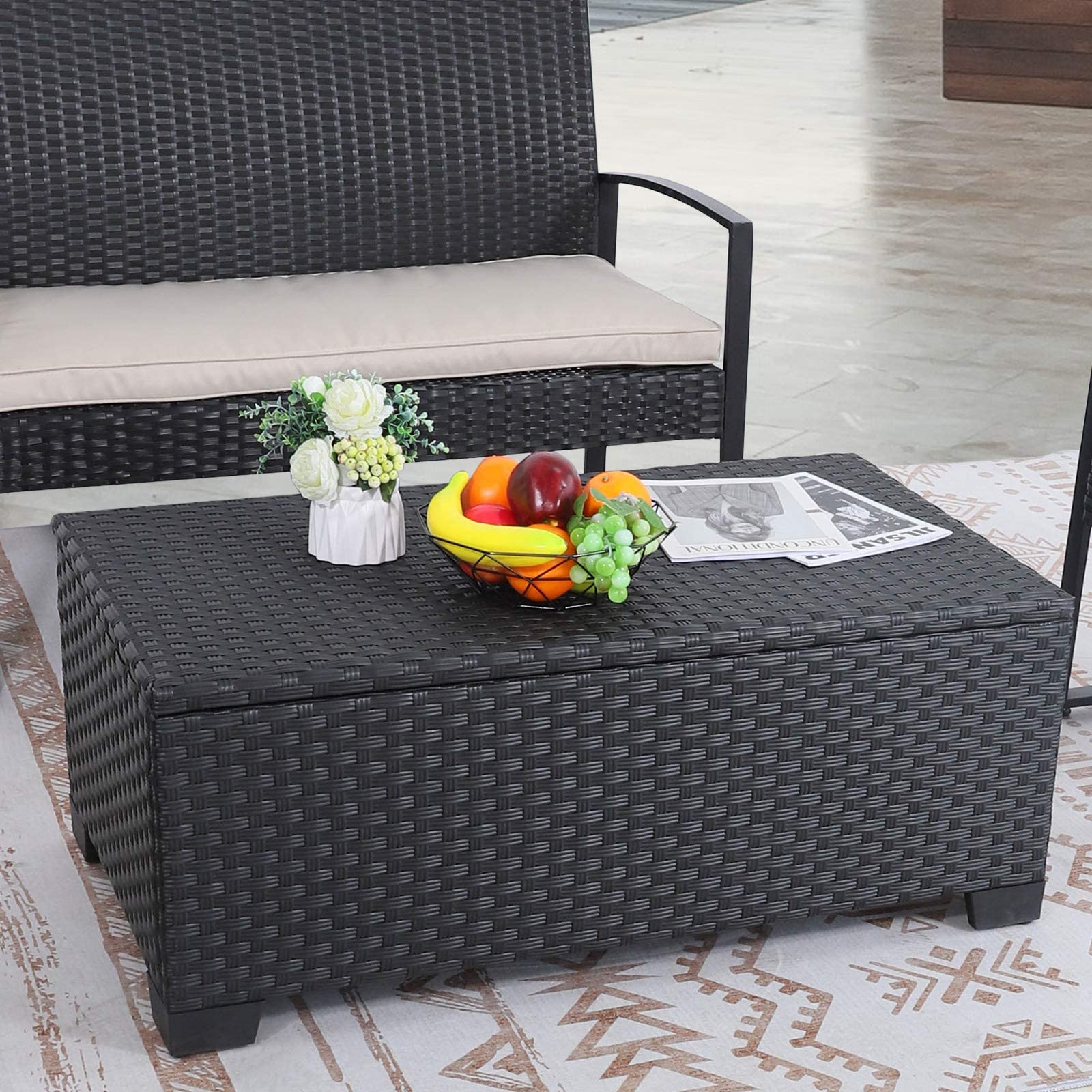 Rattaner Black All-Weather Wicker Patio Coffee Table with Storage & Waterproof Cover - Outdoor Side Table for Garden, Deck, Poolside & Backyard Relaxation
